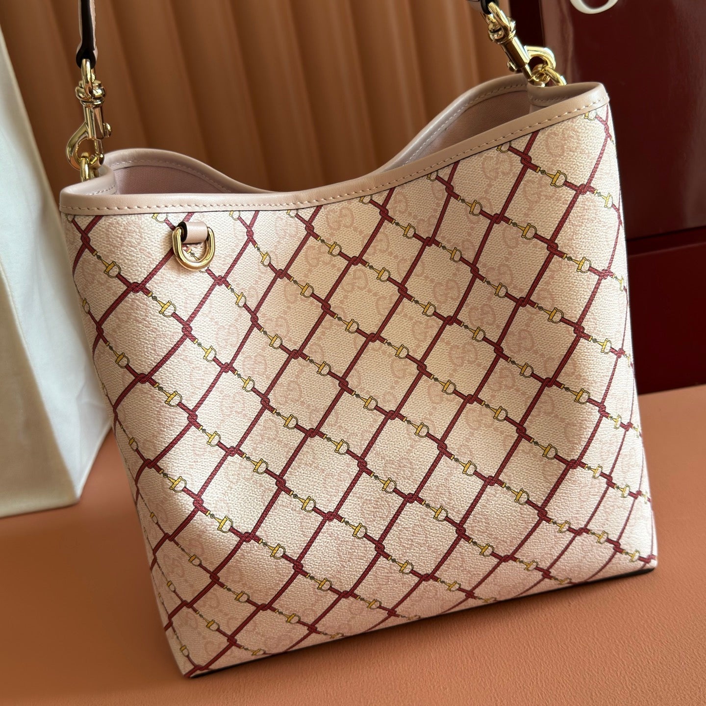 GG Emblem Bucket Bag 25cm Pink Red GG Fabric
