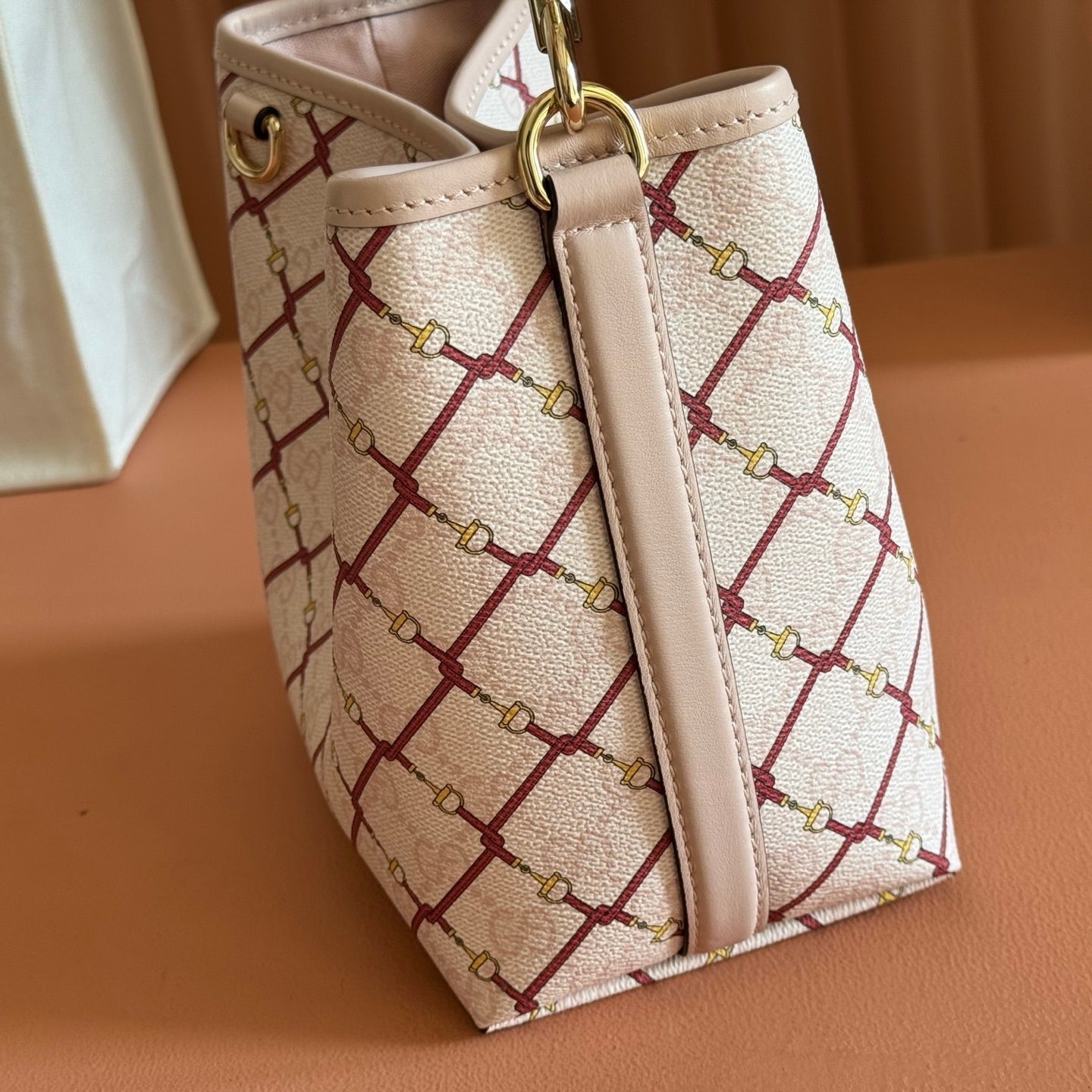GG Emblem Small Bucket Bag Pink Red GG Fabric