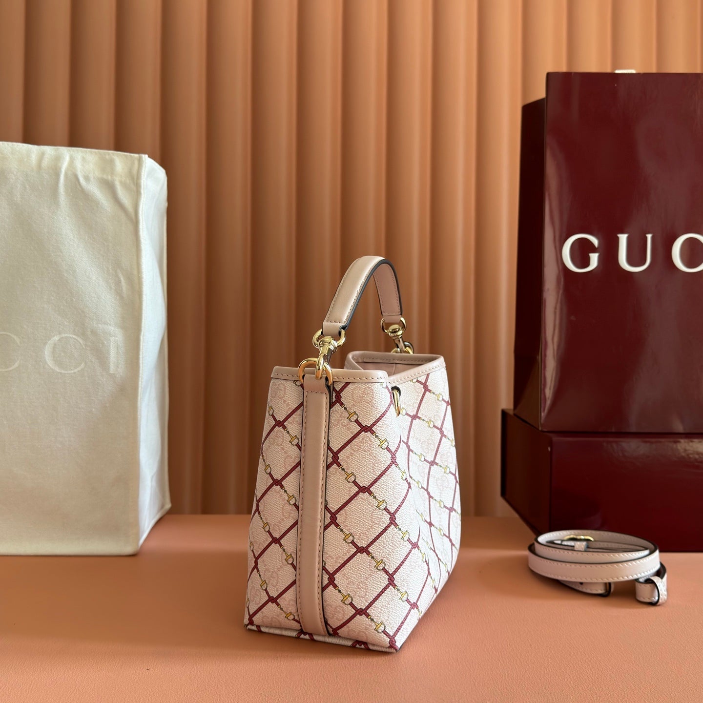GG Emblem Small Bucket Bag Pink Red GG Fabric