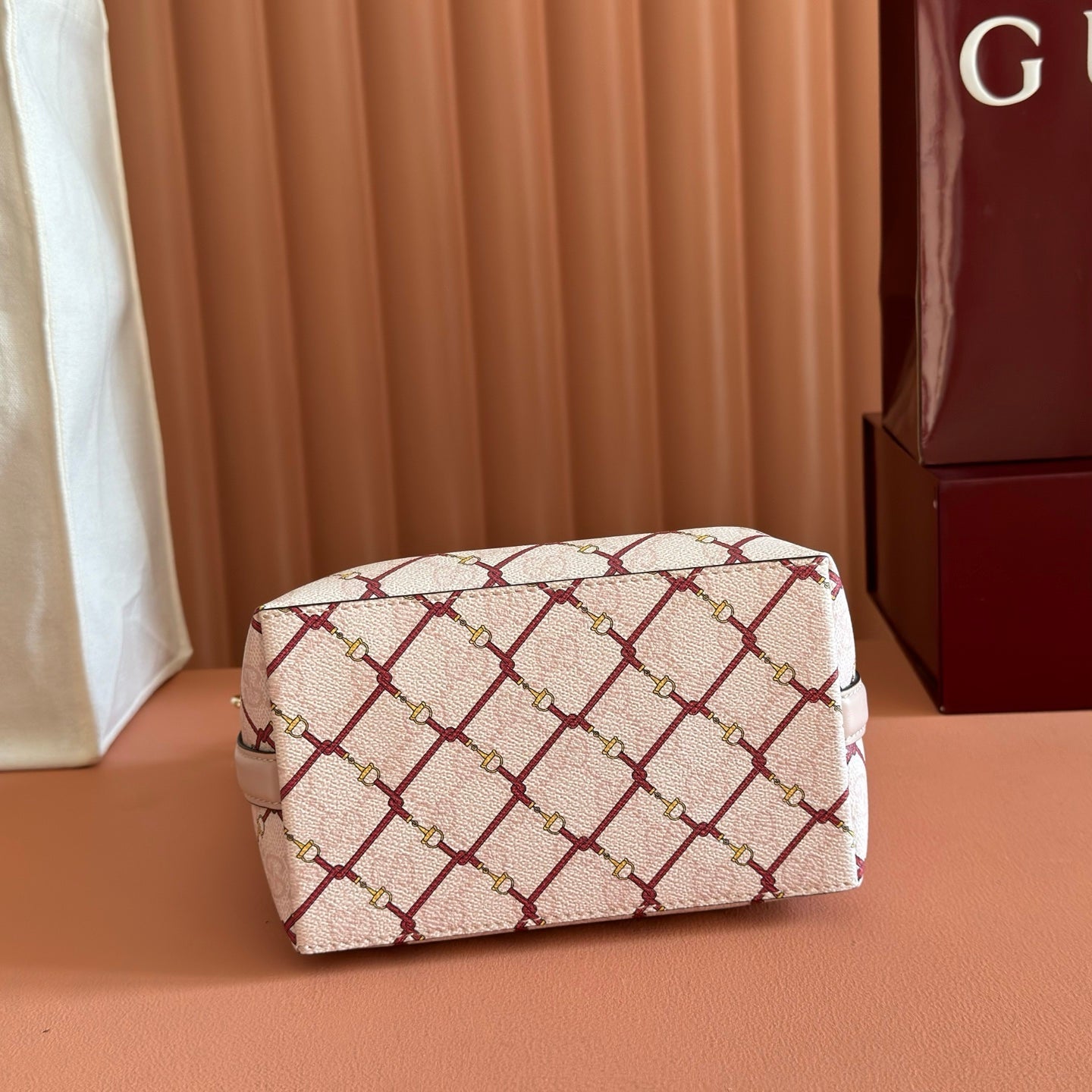 GG Emblem Small Bucket Bag Pink Red GG Fabric