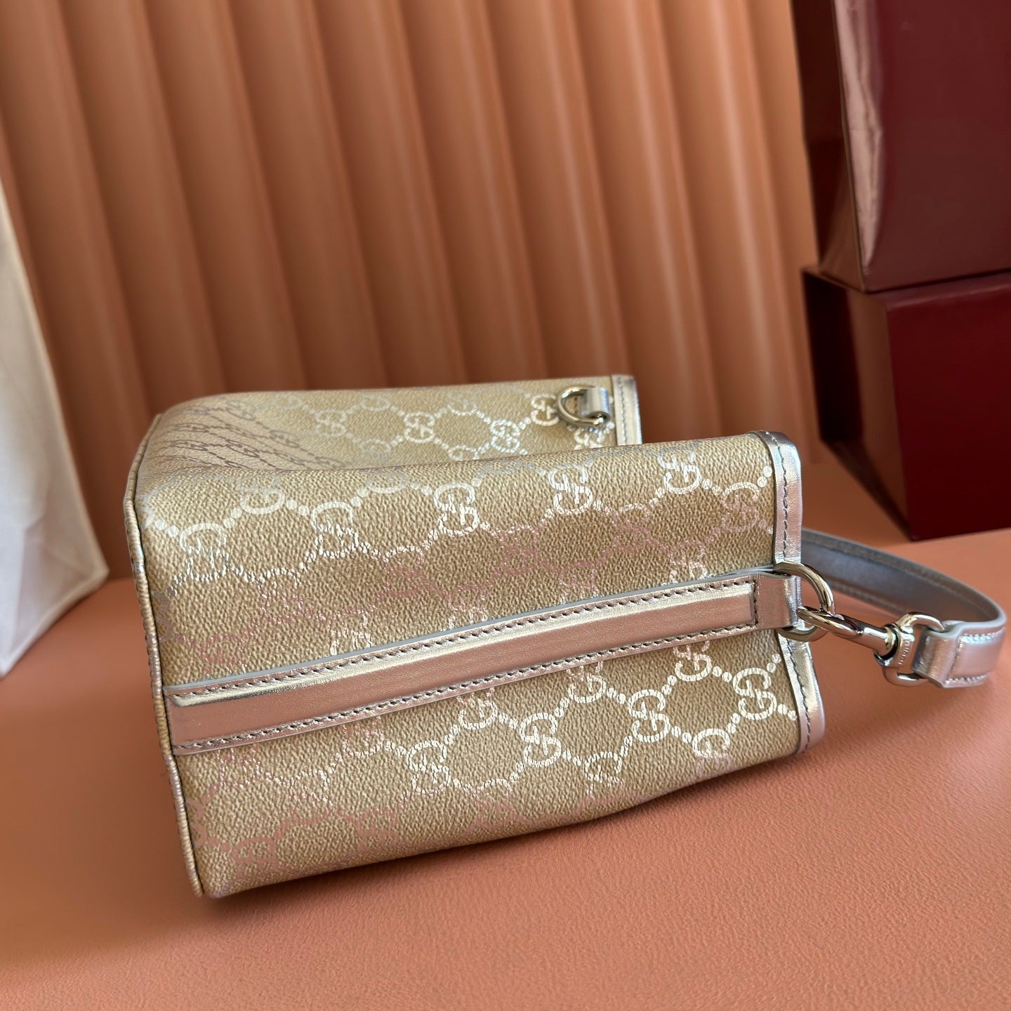GG Emblem Small Bucket Bag Beige Sliver GG Fabric