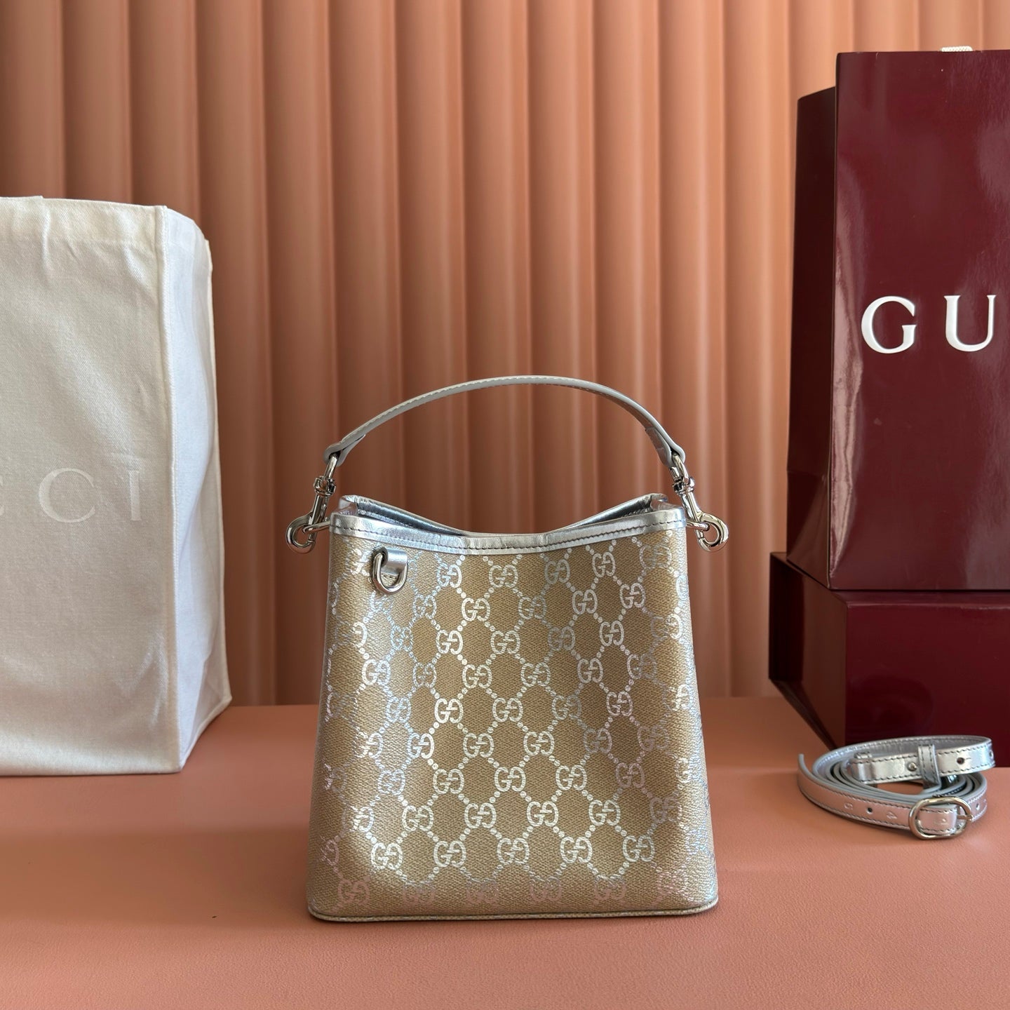 GG Emblem Small Bucket Bag Beige Sliver GG Fabric