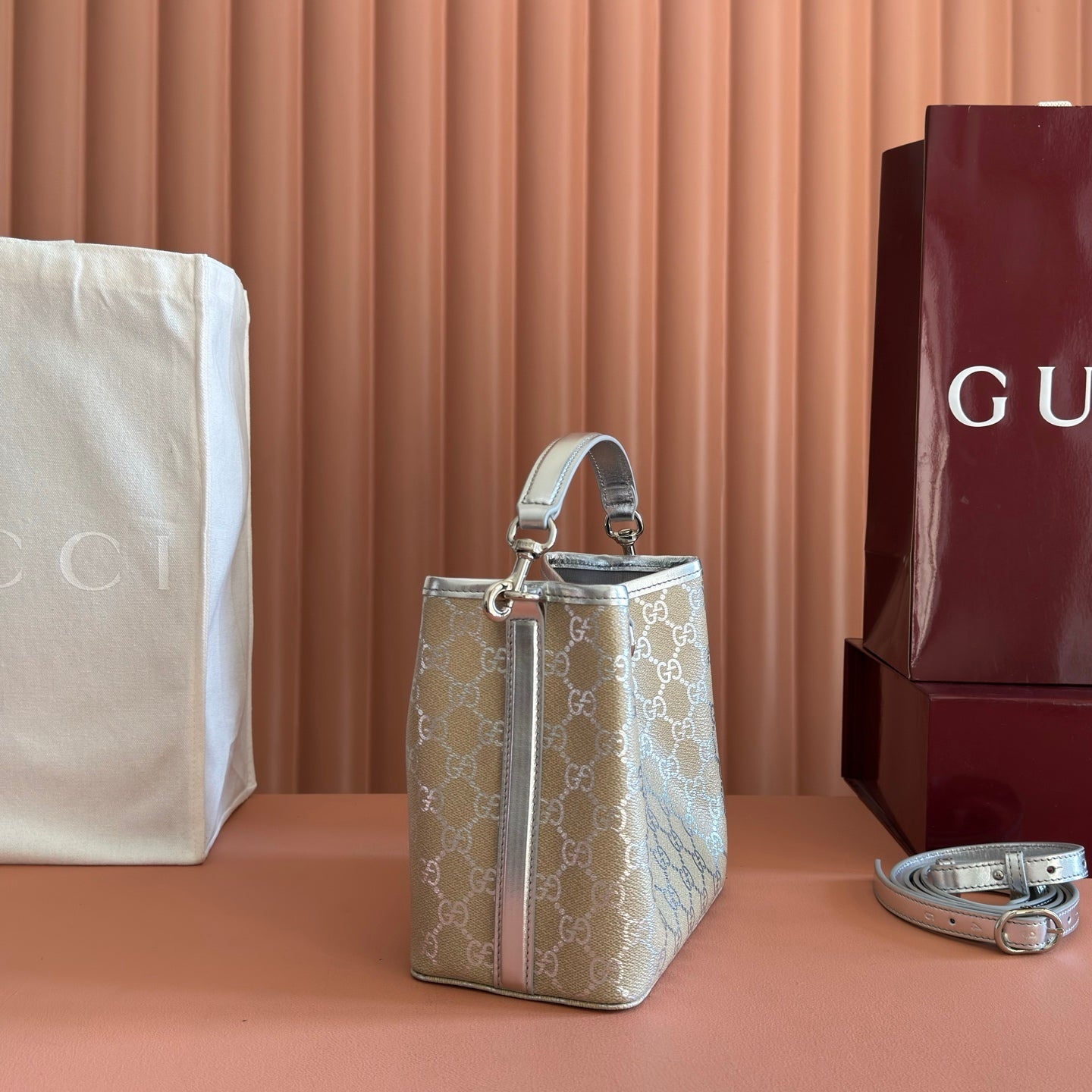 GG Emblem Small Bucket Bag Beige Sliver GG Fabric