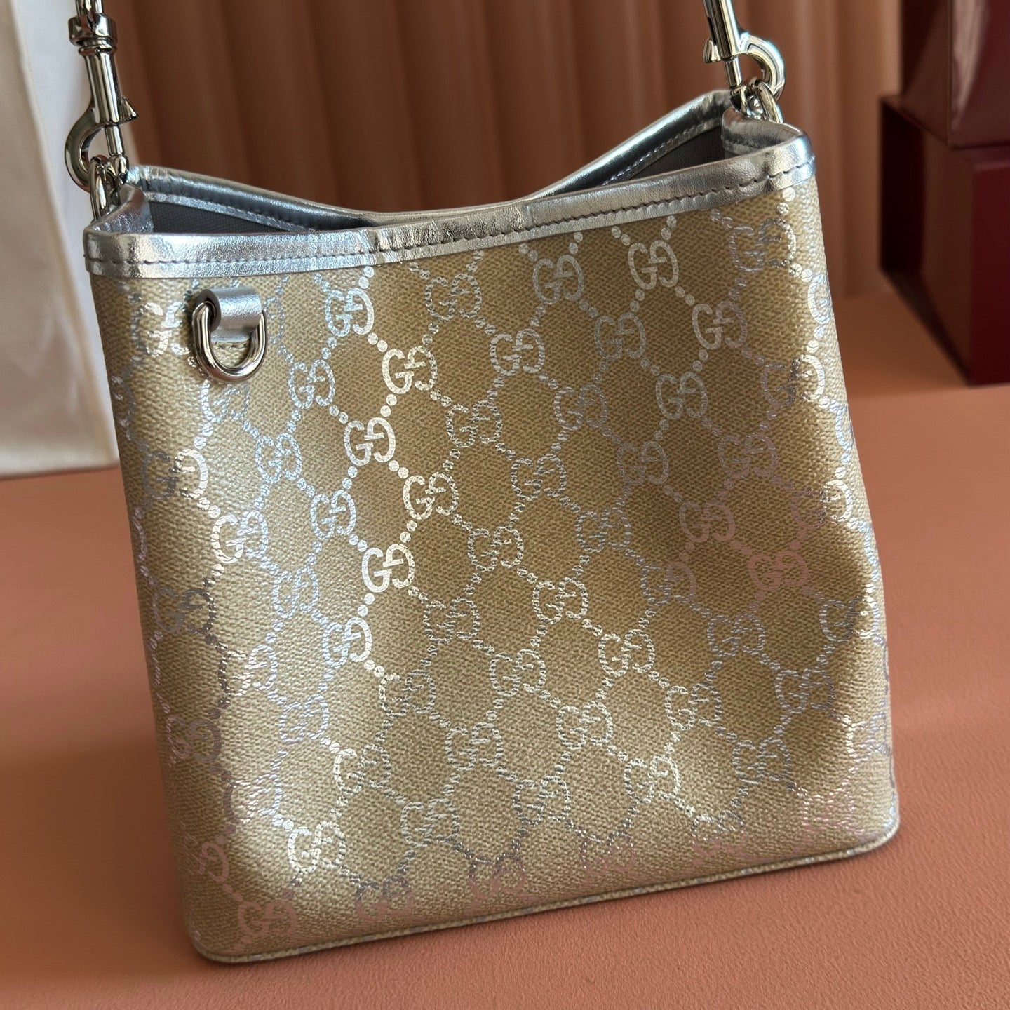 GG Emblem Small Bucket Bag Beige Sliver GG Fabric