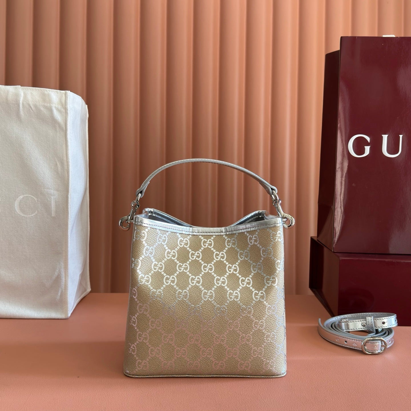 GG Emblem Small Bucket Bag Beige Sliver GG Fabric
