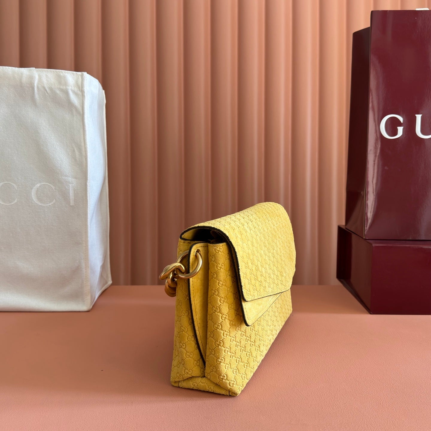 GG Medium Shoulder Bag With Chain Yellow GG Suede