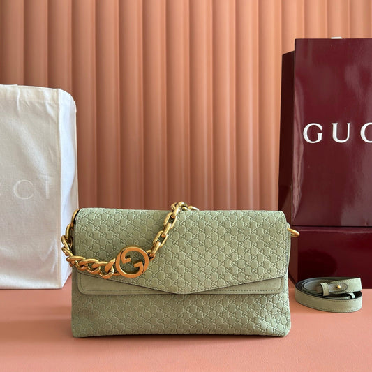 GG Medium Shoulder Bag With Chain Light Olive Green GG Suede