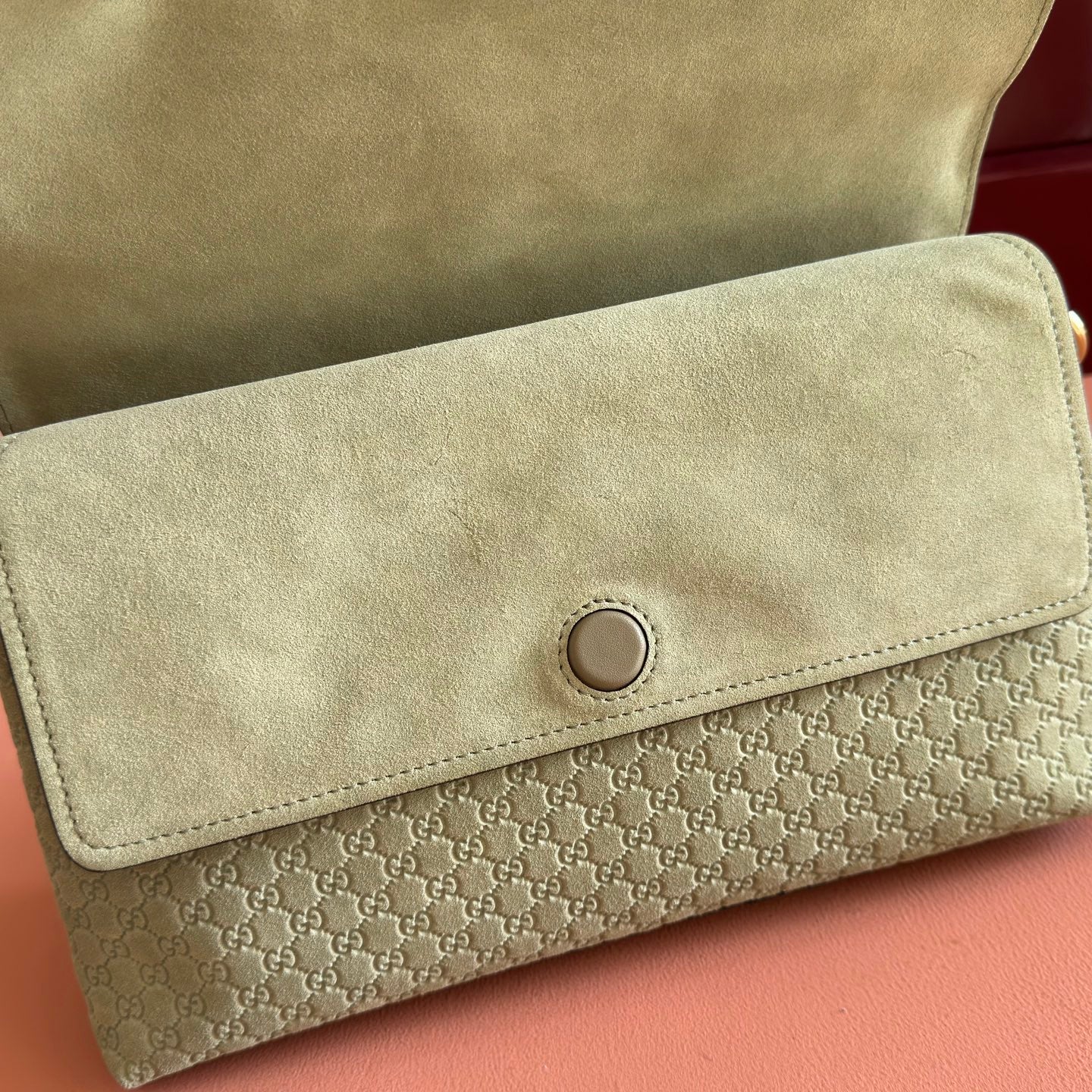 GG Medium Shoulder Bag With Chain Light Olive Green GG Suede