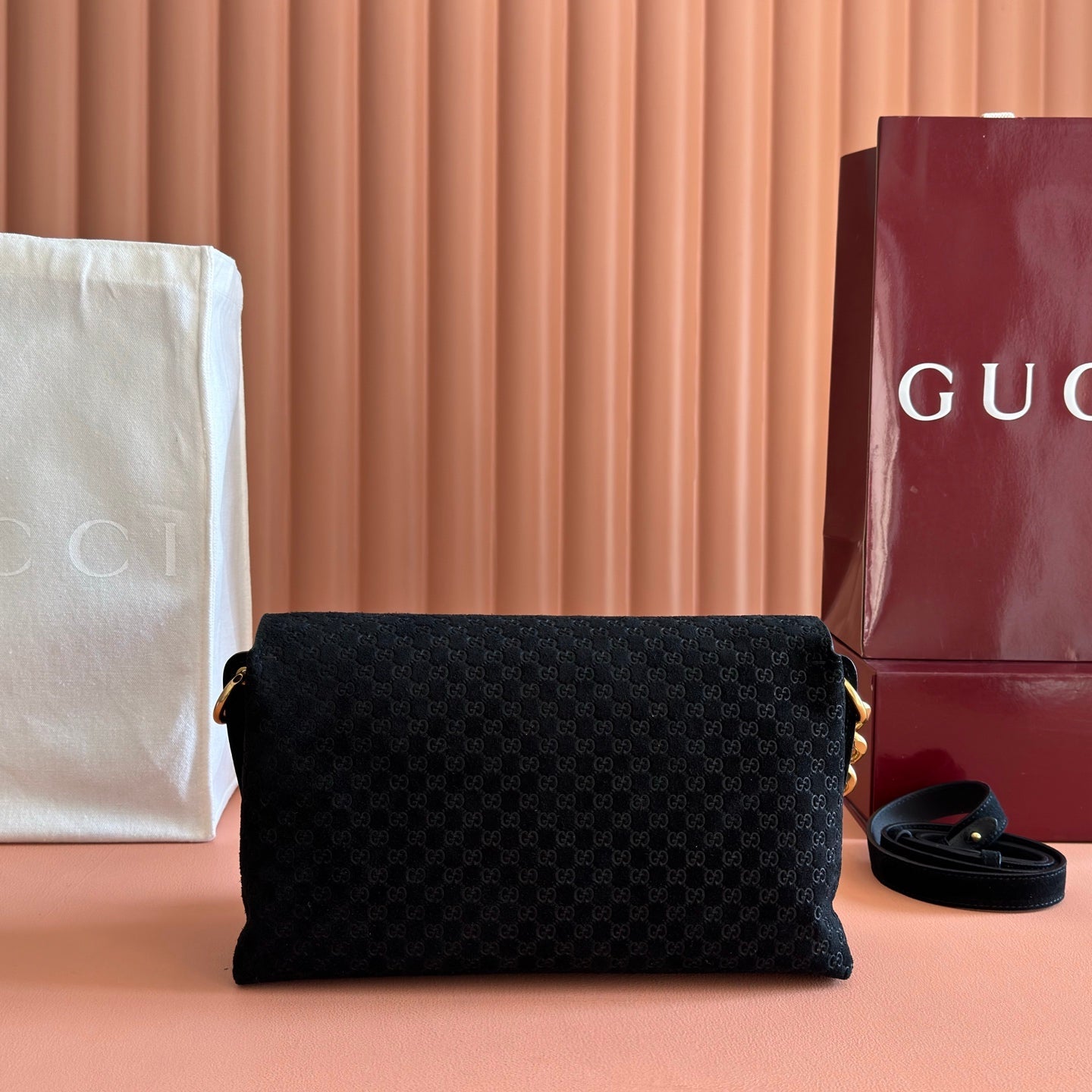 GG Medium Shoulder Bag With Chain Black GG Suede