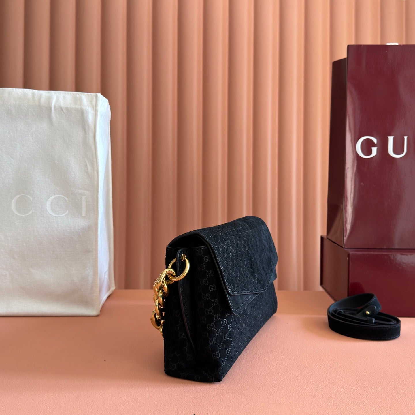 GG Medium Shoulder Bag With Chain Black GG Suede