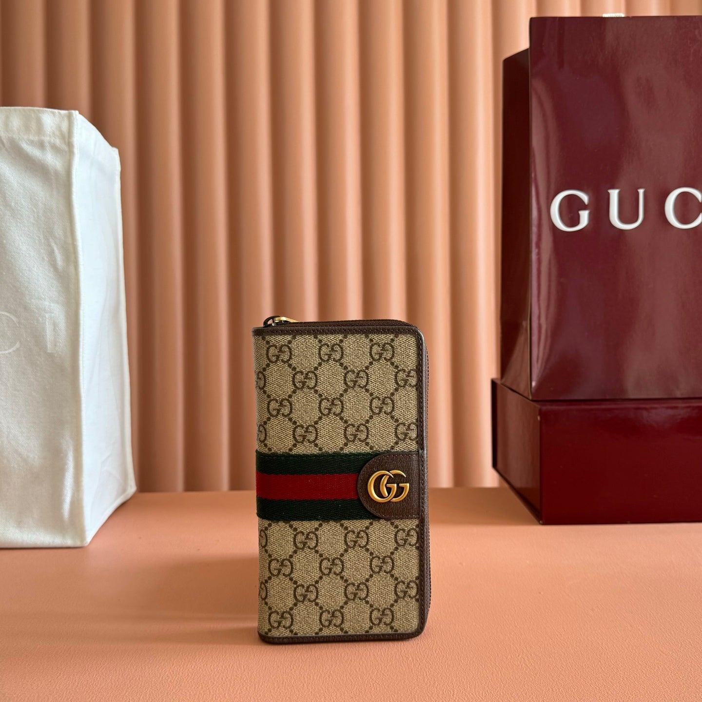 GG Zip Around Wallet Beige Brown Canvas