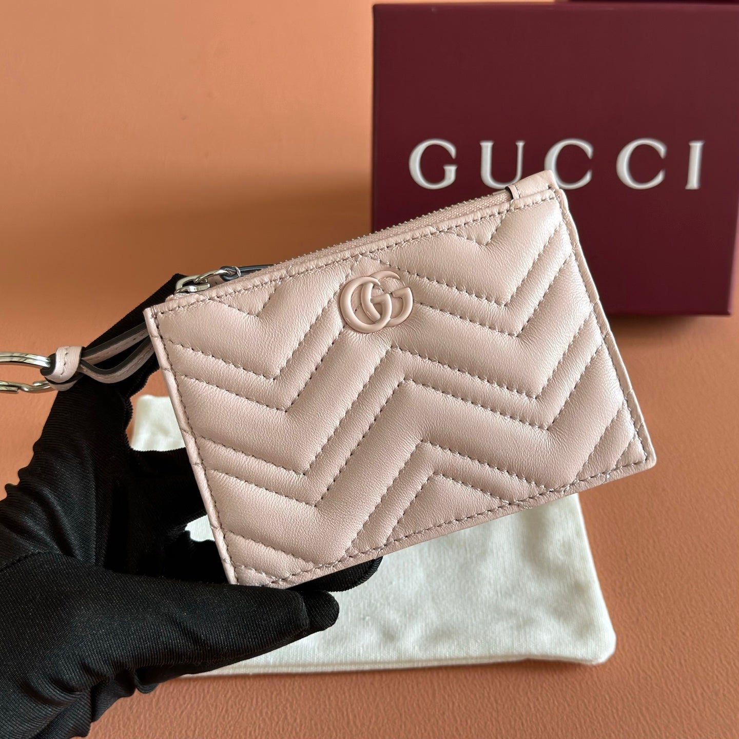 GG Marmont Zip Key Pouch Light Pink Leather