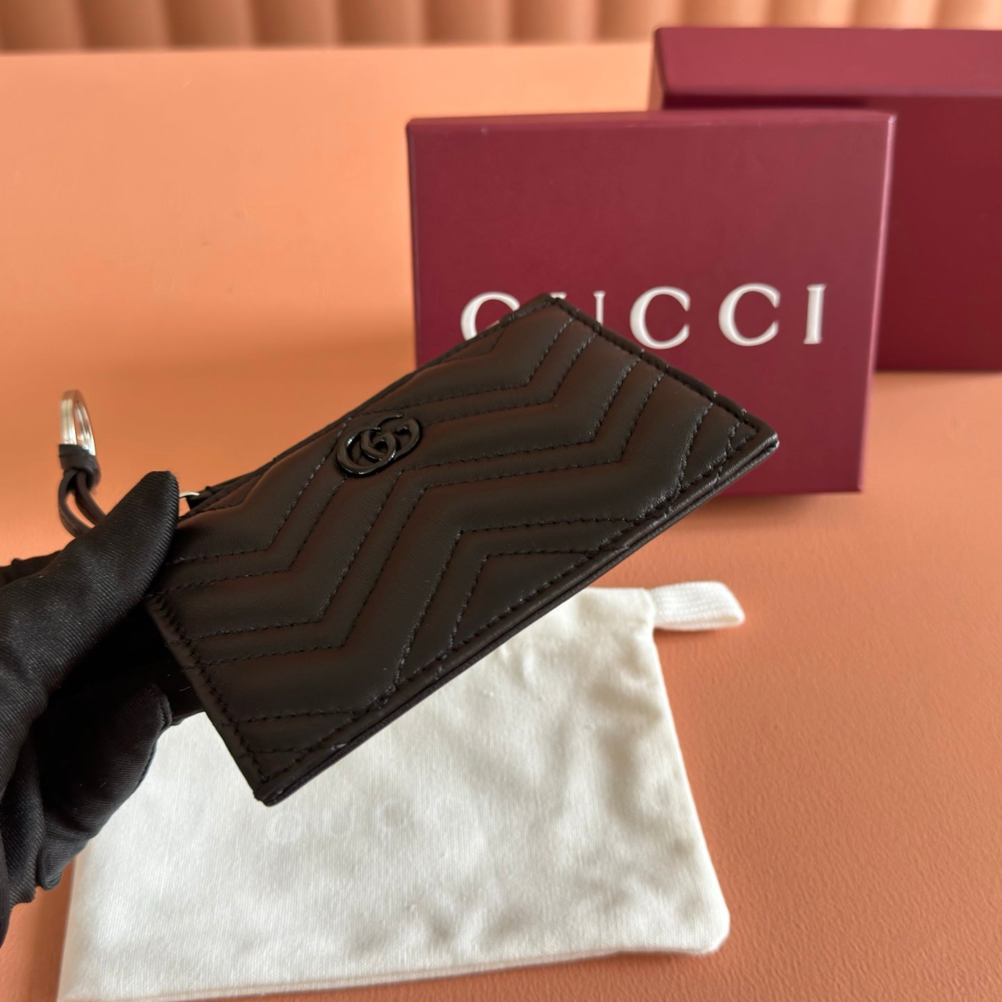 GG Marmont Zip Key Pouch Black Leather