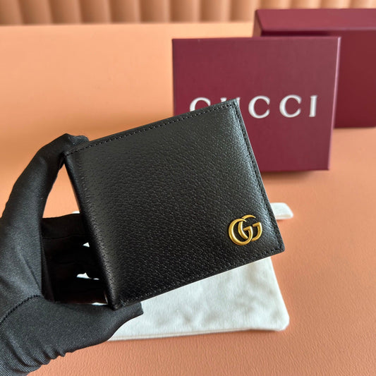 GG Marmont Bi-Fold Wallet Black Pebbled Leather GHW