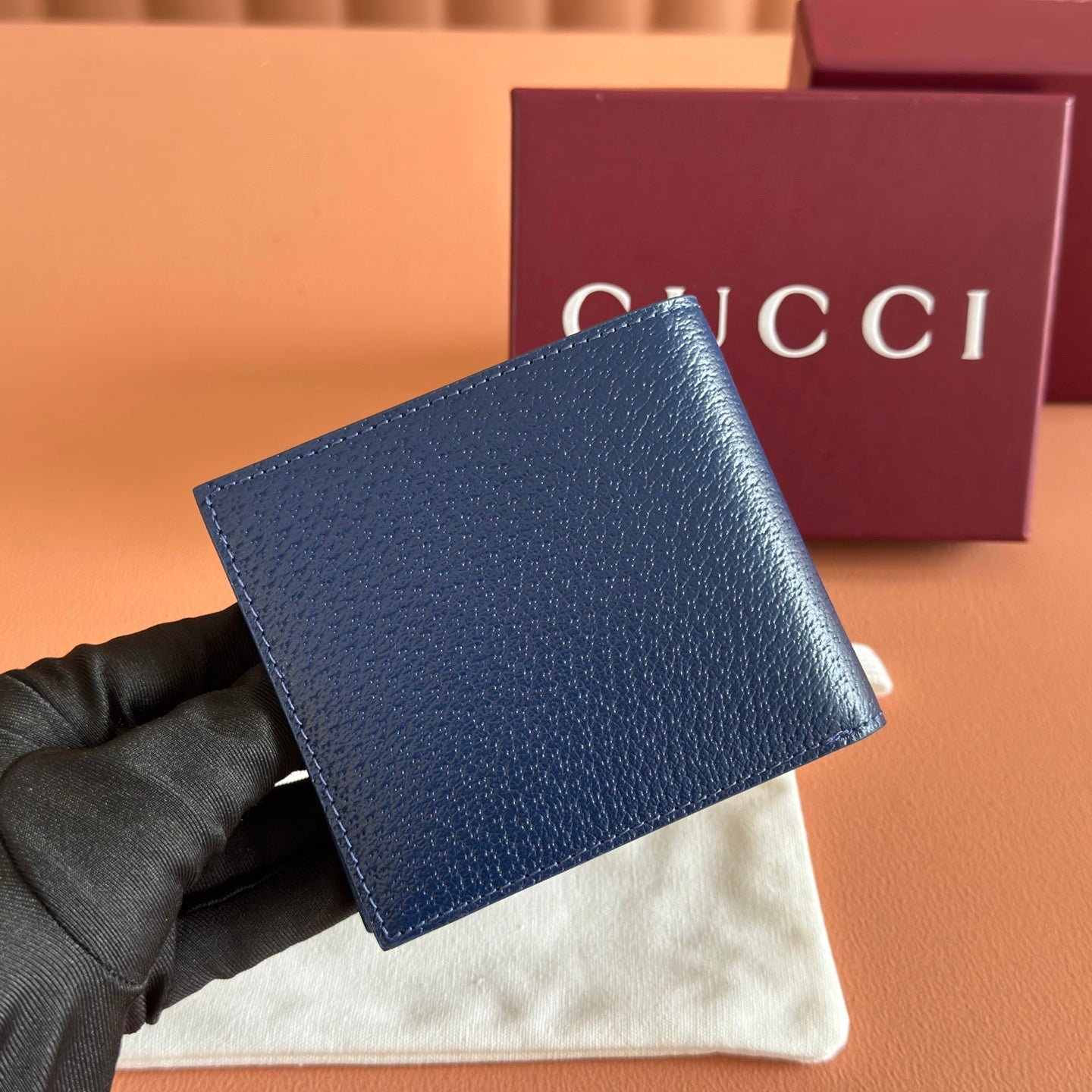 GG Marmont Bi-Fold Wallet Dark Blue Pebbled Leather