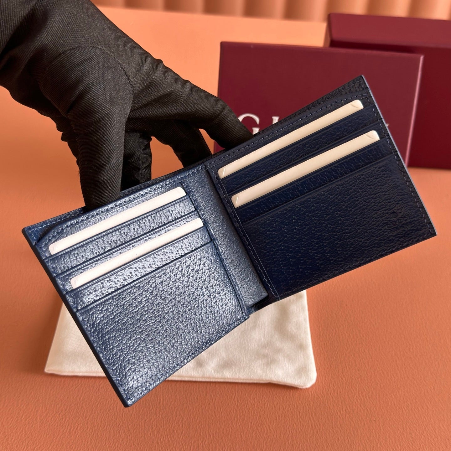 GG Marmont Bi-Fold Wallet Dark Blue Pebbled Leather