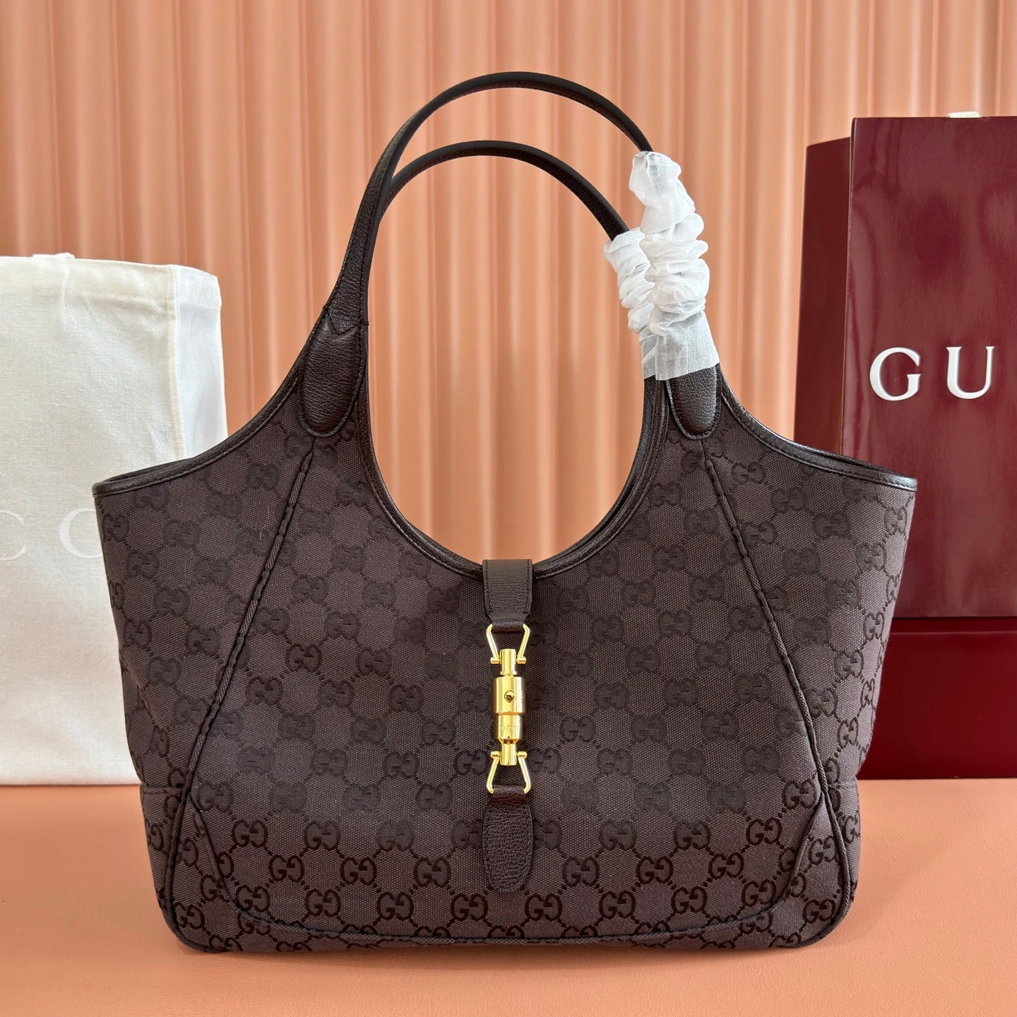 GG Mercato Medium Tote Bag Dark Brown Canvas