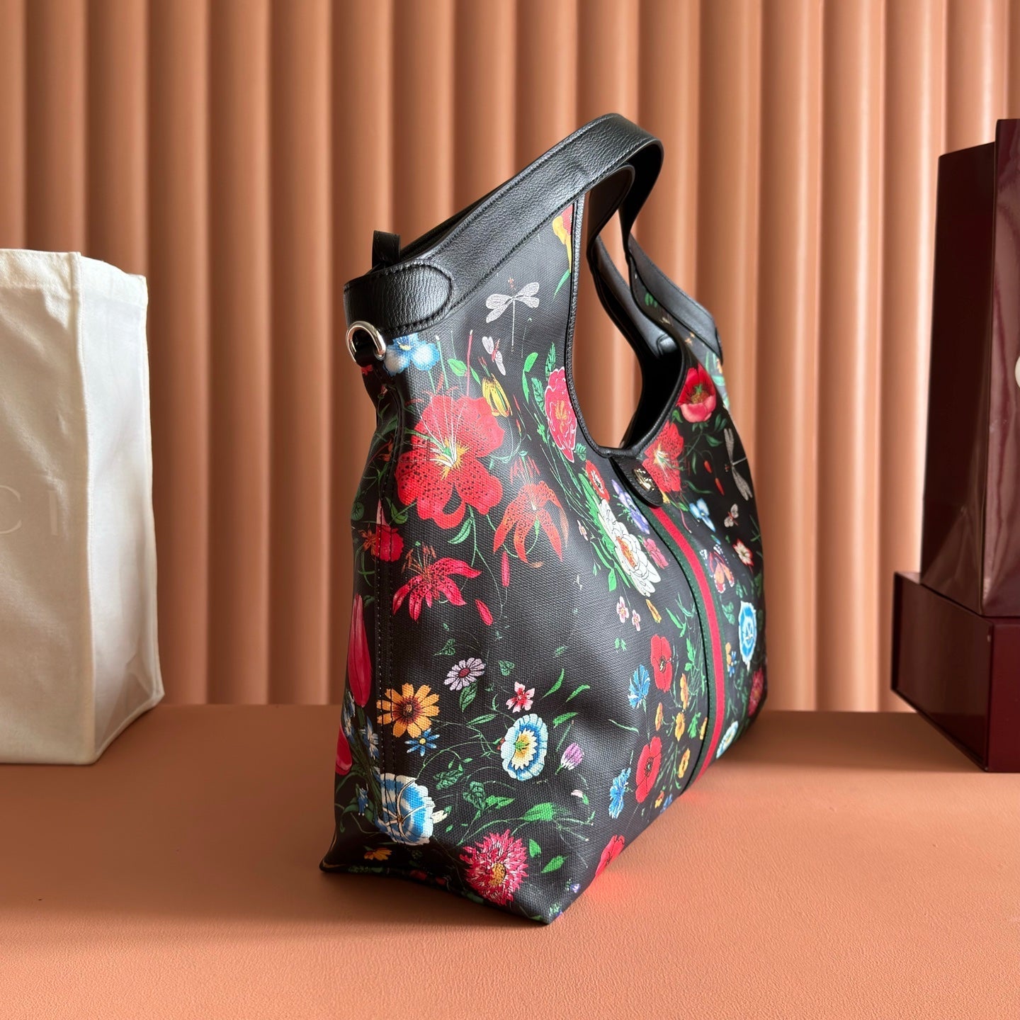GG 26 Giglio Flora Large Tote Bag 60cm Black Canvas 292578