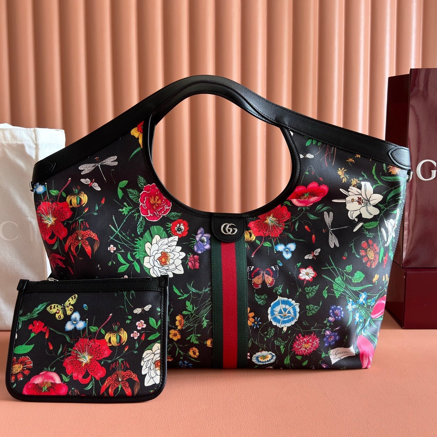 GG 26 Giglio Flora Large Tote Bag 60cm Black Canvas 292578