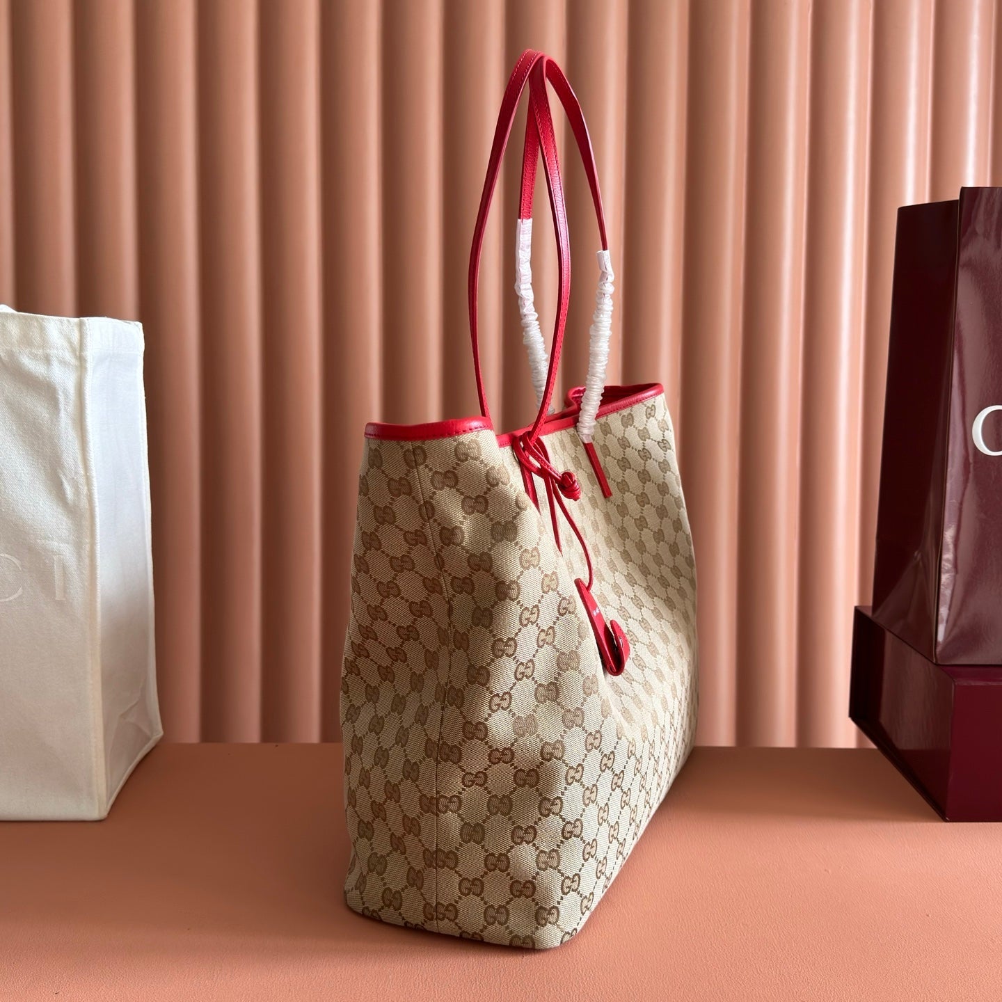 GG Tribeca Large Tote Bag Beige Red Canvas Cowhide 292501