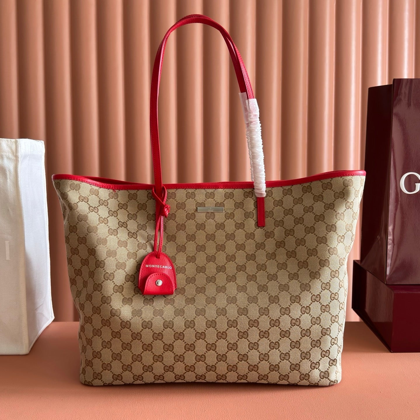 GG Tribeca Large Tote Bag Beige Red Canvas Cowhide 292501