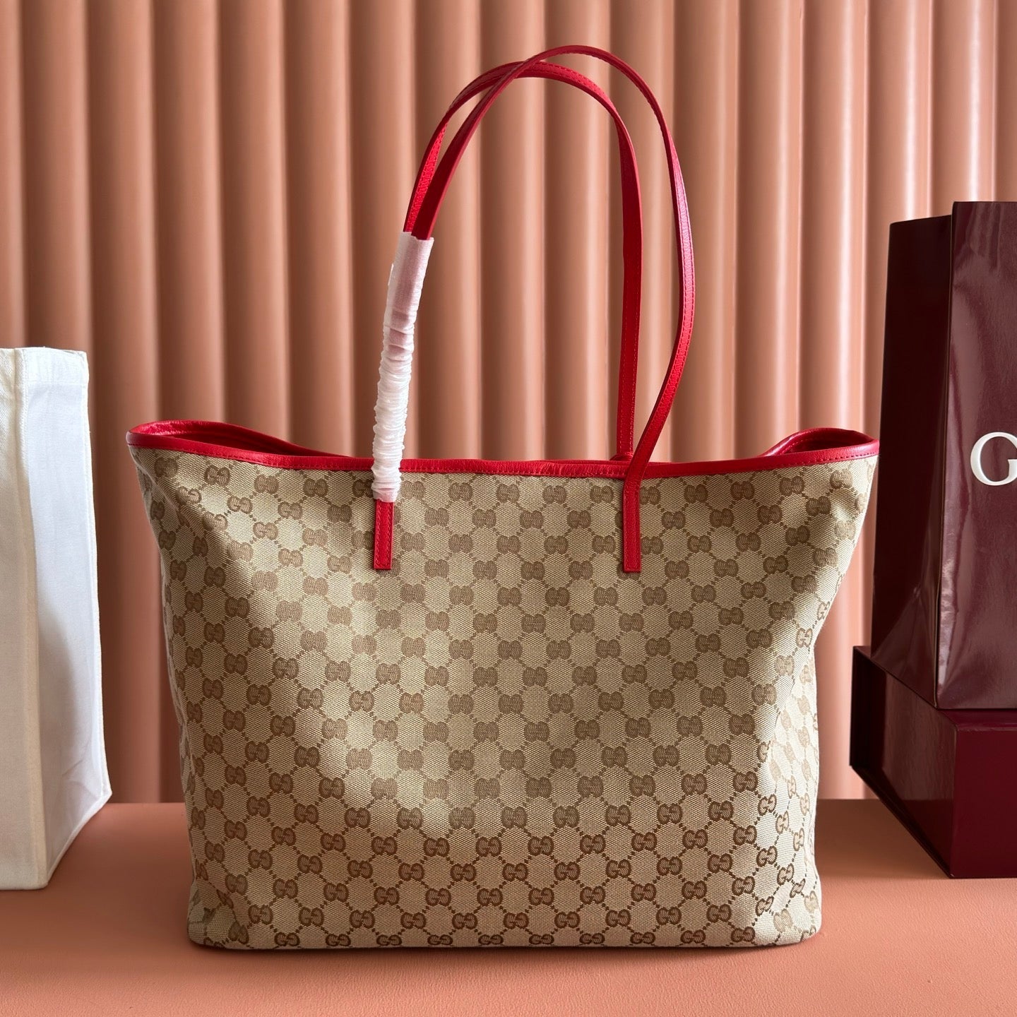 GG Tribeca Large Tote Bag Beige Red Canvas Cowhide 292501