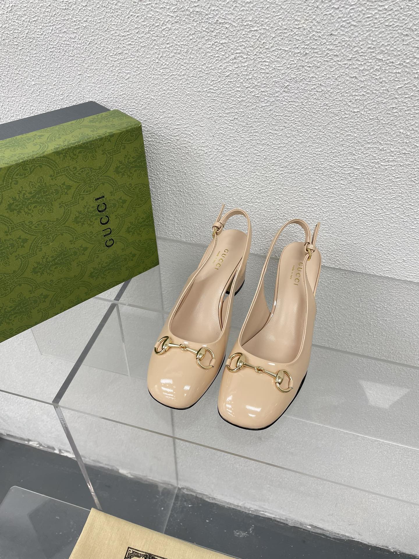 GG WOMEN'S HORSEBIT SLINGBACK 65MM IN TAN BEIGE CALFSKIN