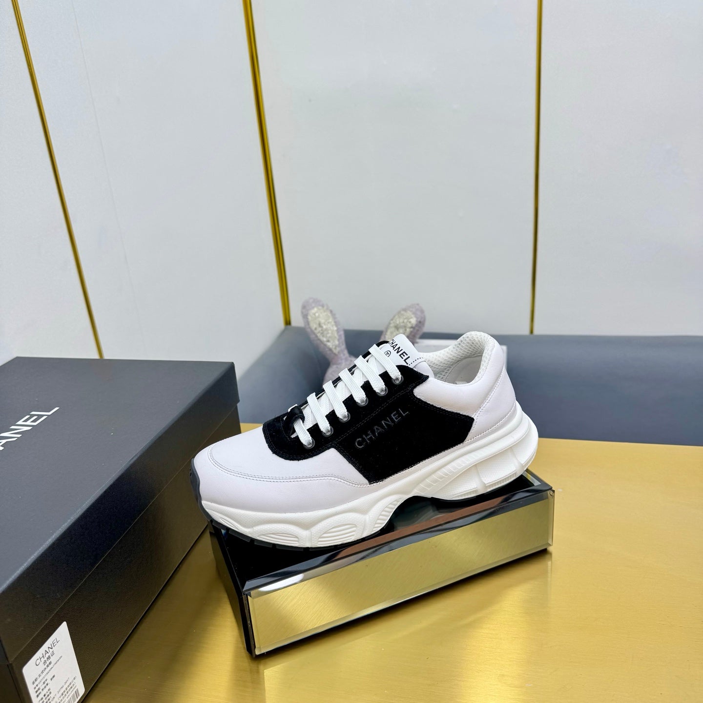 CC Chunky Sneakers Black White Suede Lambskin 927349