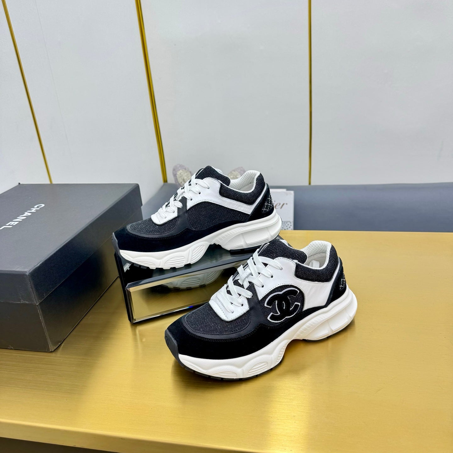 CC 26s Chunky Sneakers White Black Denim Suede 927332