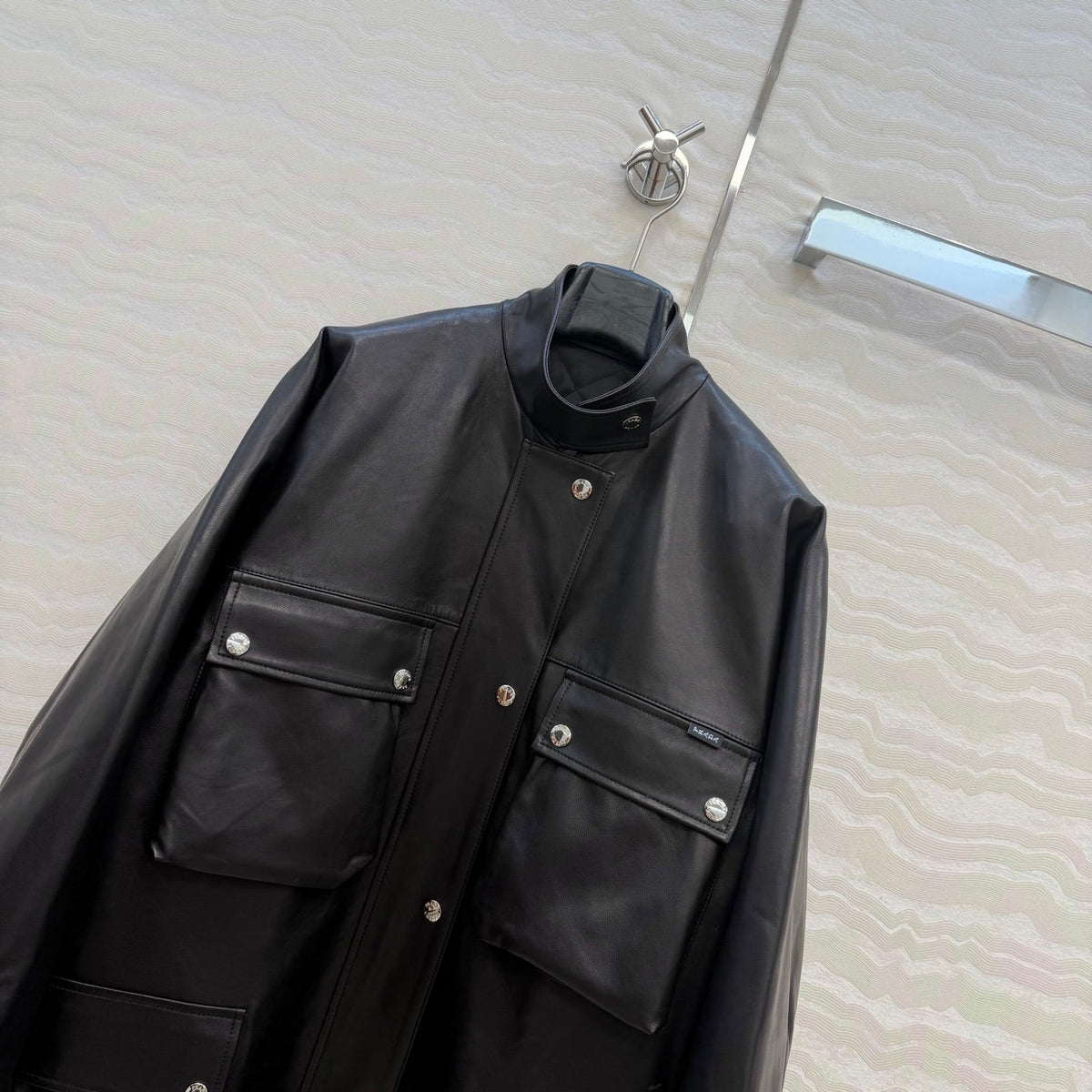 Prada 26S  Biker Jacket Long Black Leather Lambskin 341245