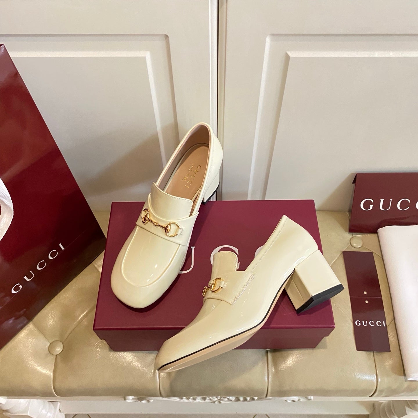 Gucci 26s Horsebit Loafers 55 Mm In Cream White Glossy Calfskin
