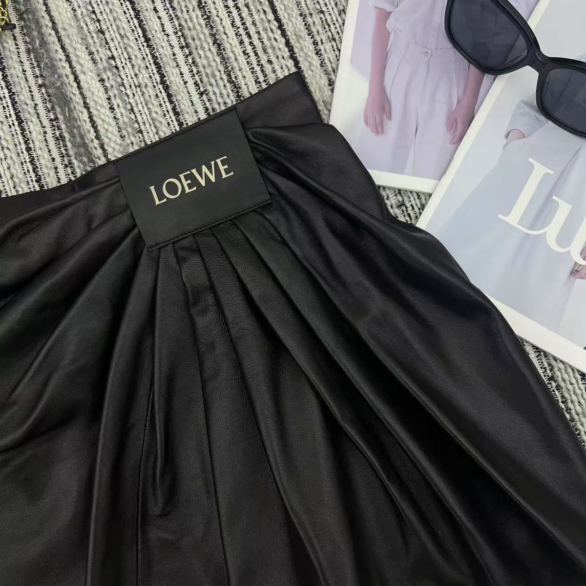 Loewe Draped Midi Skirt Black Nappa Leather 348568