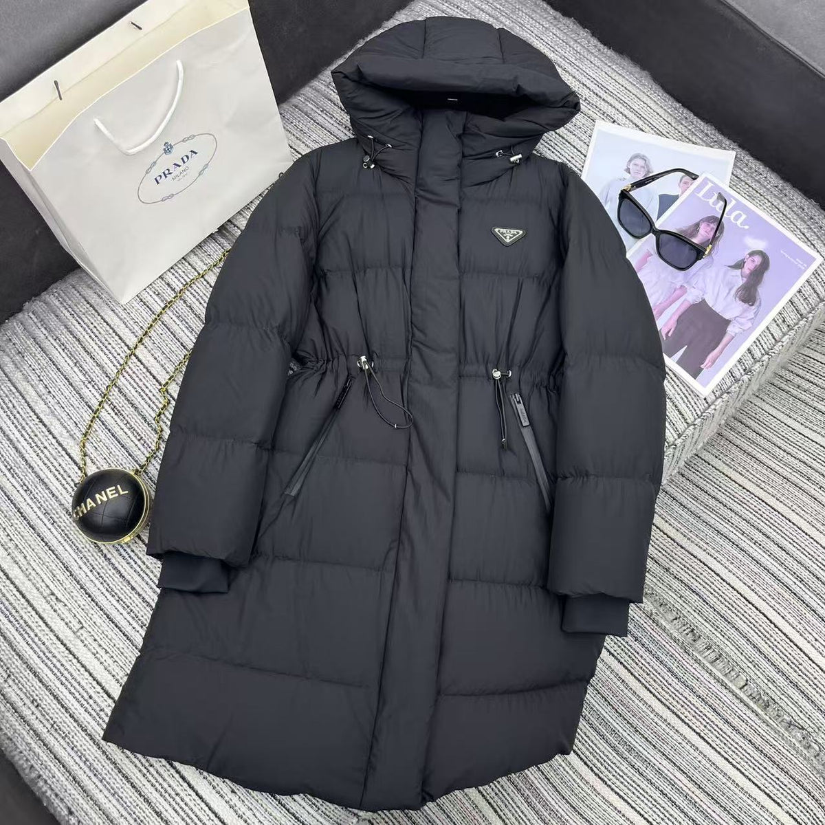 Prada 2025 Drawstring Waist Hooded Jacket Black Down Polyester