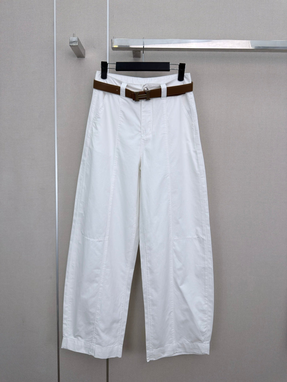 HM Wide-Leg Trousers With A Custom Leather Belt White Cotton 379623