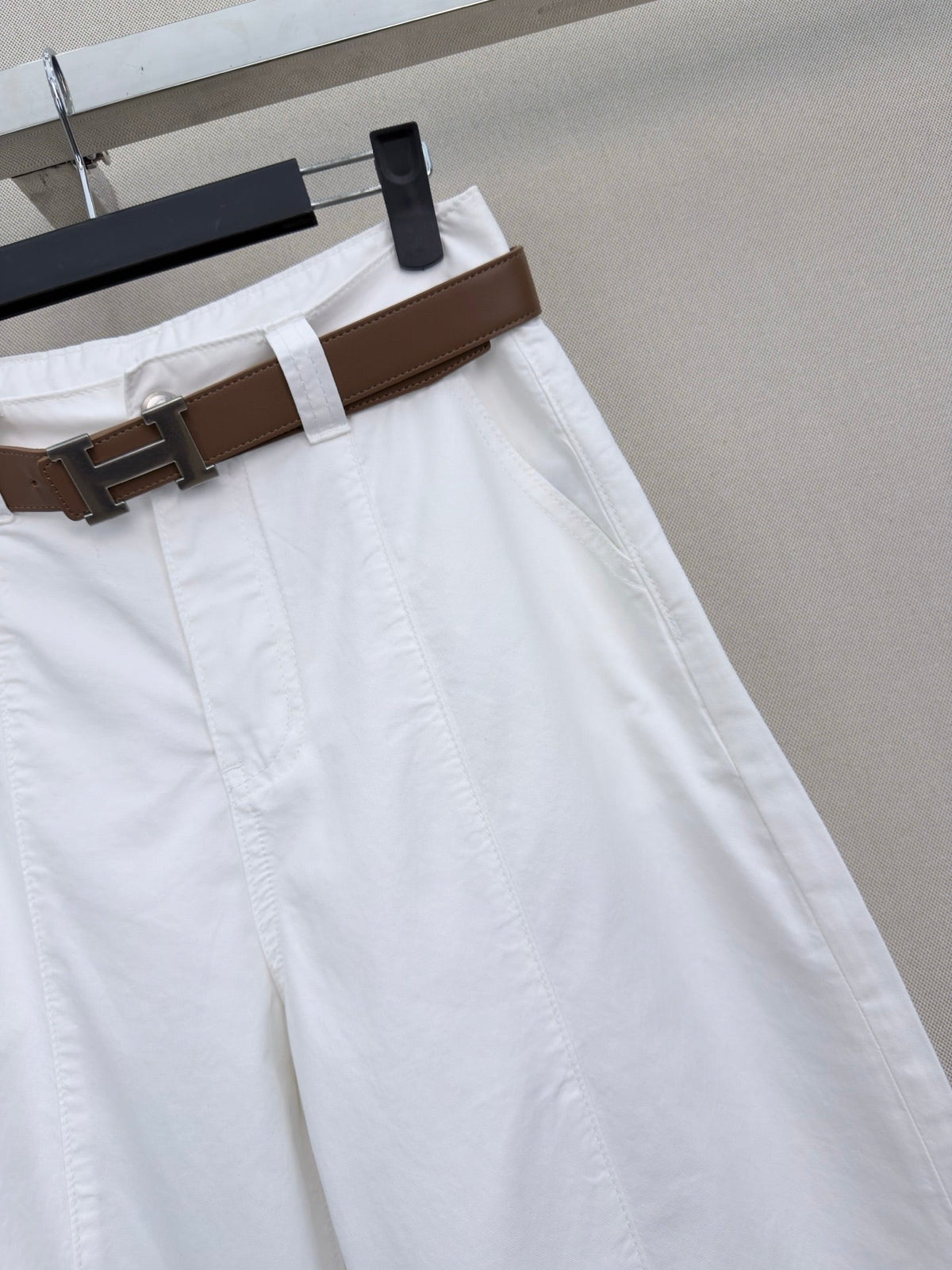 HM Wide-Leg Trousers With A Custom Leather Belt White Cotton 379623