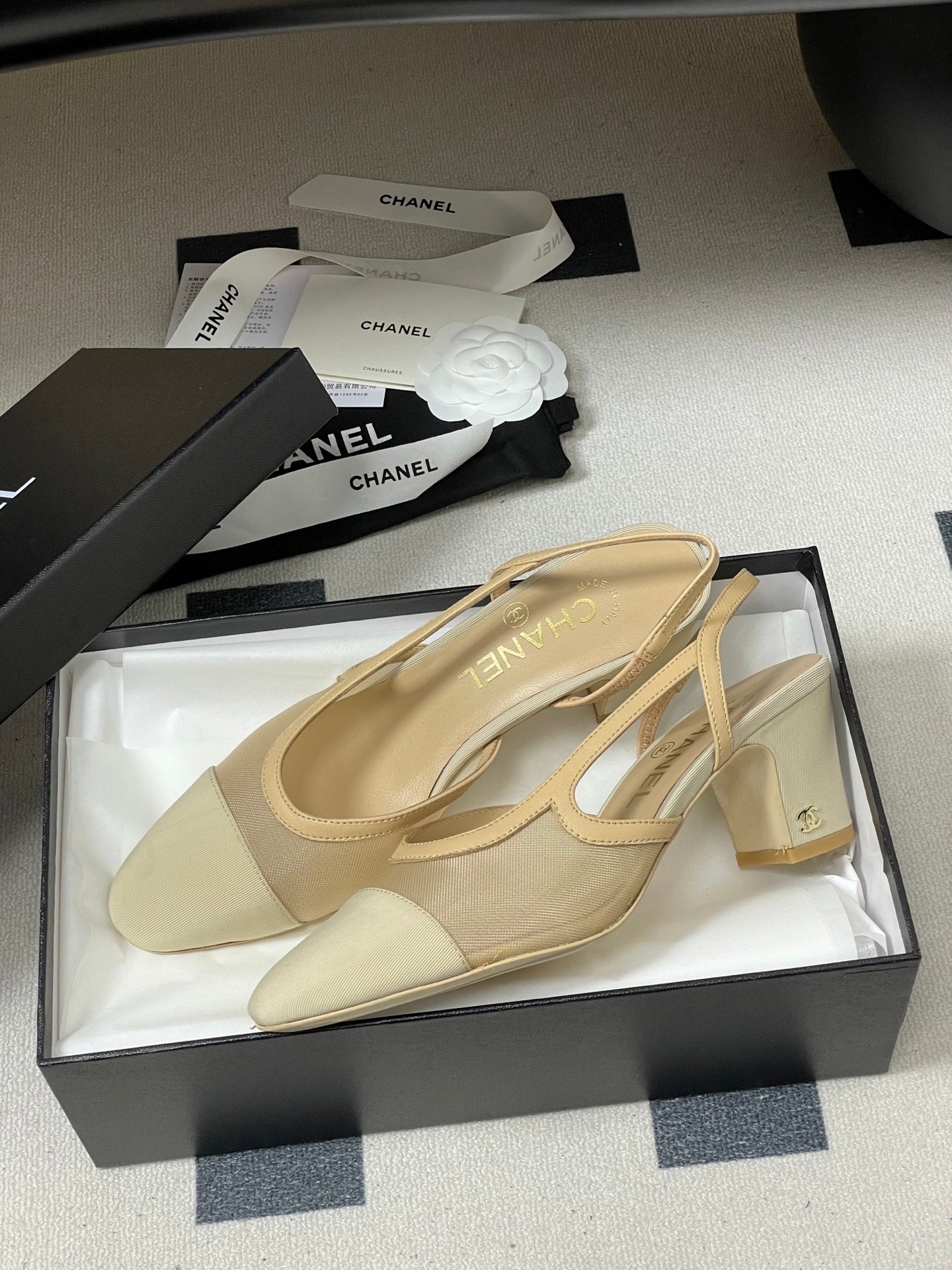 CC 26s Slingback 65 Beige Mesh Fabric Sheepskin 649444