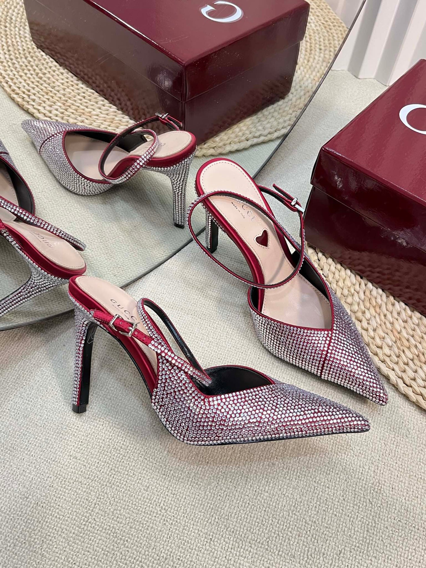 GC Crystal-Embellished Slingbacks Red Silk Sheepskin 294609