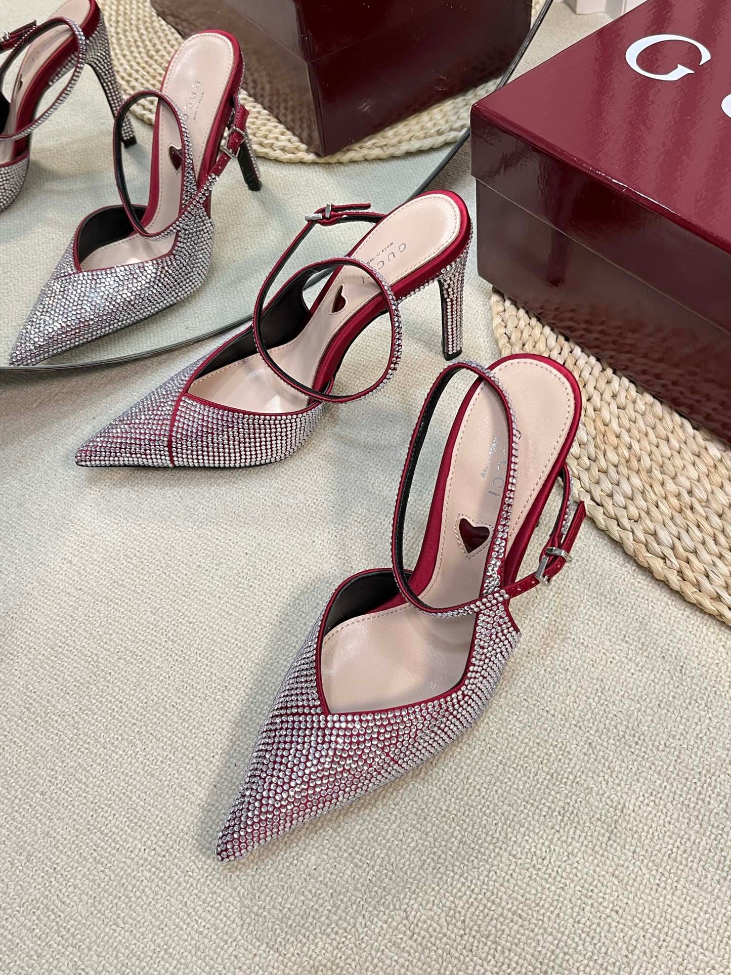 GC Crystal-Embellished Slingbacks Red Silk Sheepskin 294609