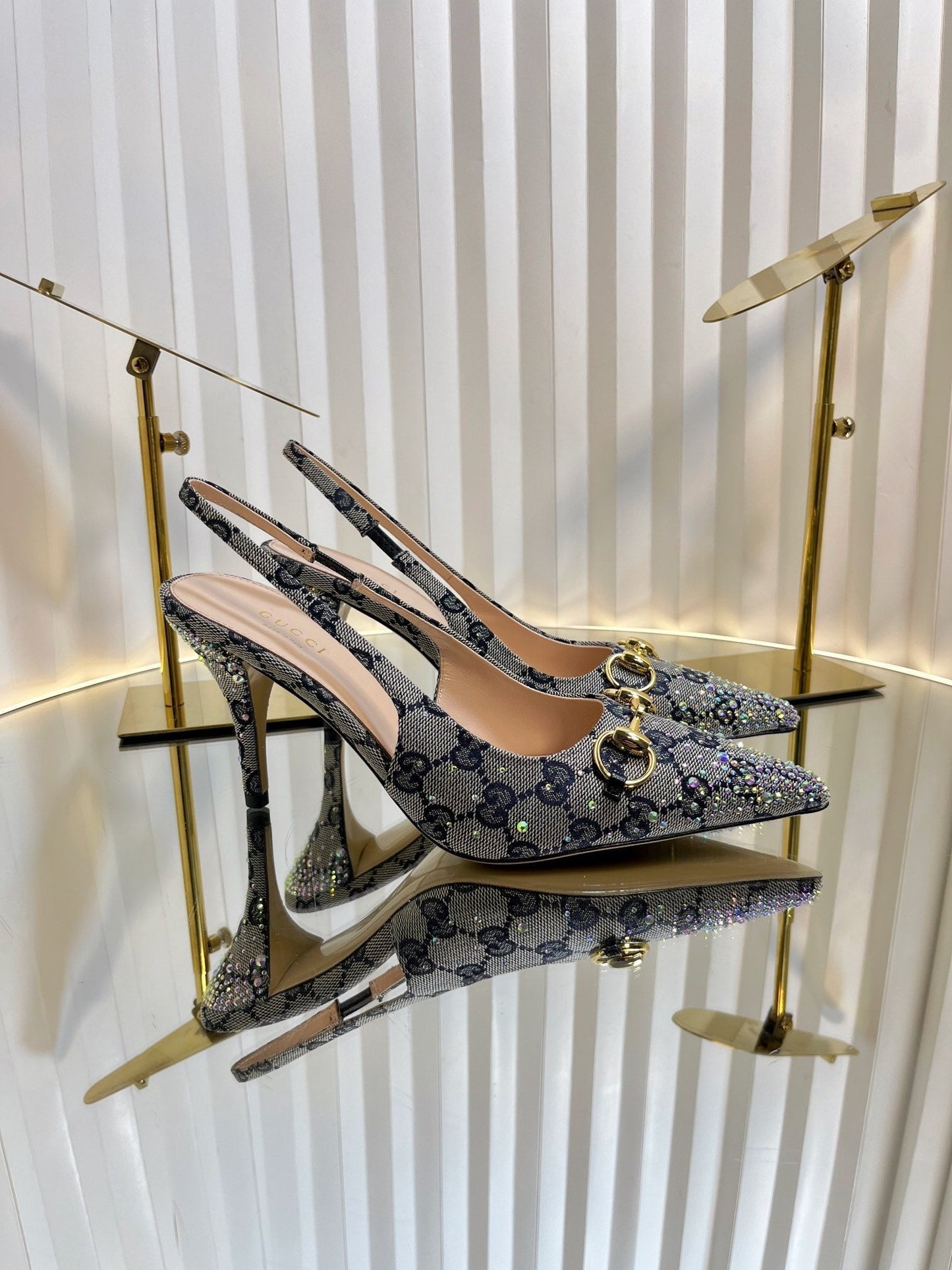 GC Crystal Horsebit Slingback 100mm Beige mix Blue Canvas lambskin 294619