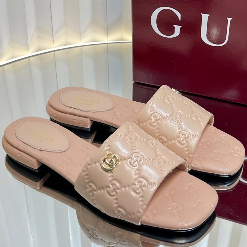 GC Double G Slide Sandals Nude Embossed Leather 294632