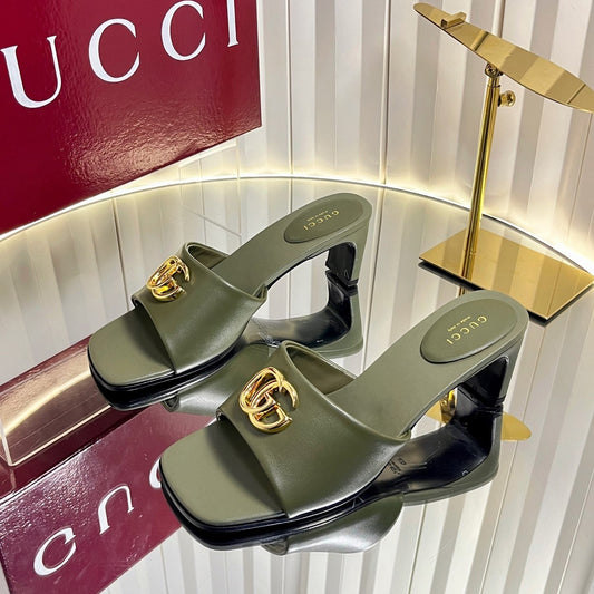 GG 26S Slippers 4.5cm Olive Green Leather 616459