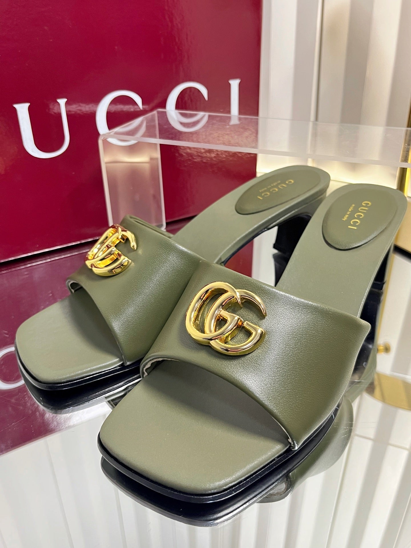 GG 26S Slippers 4.5cm Olive Green Leather 616459