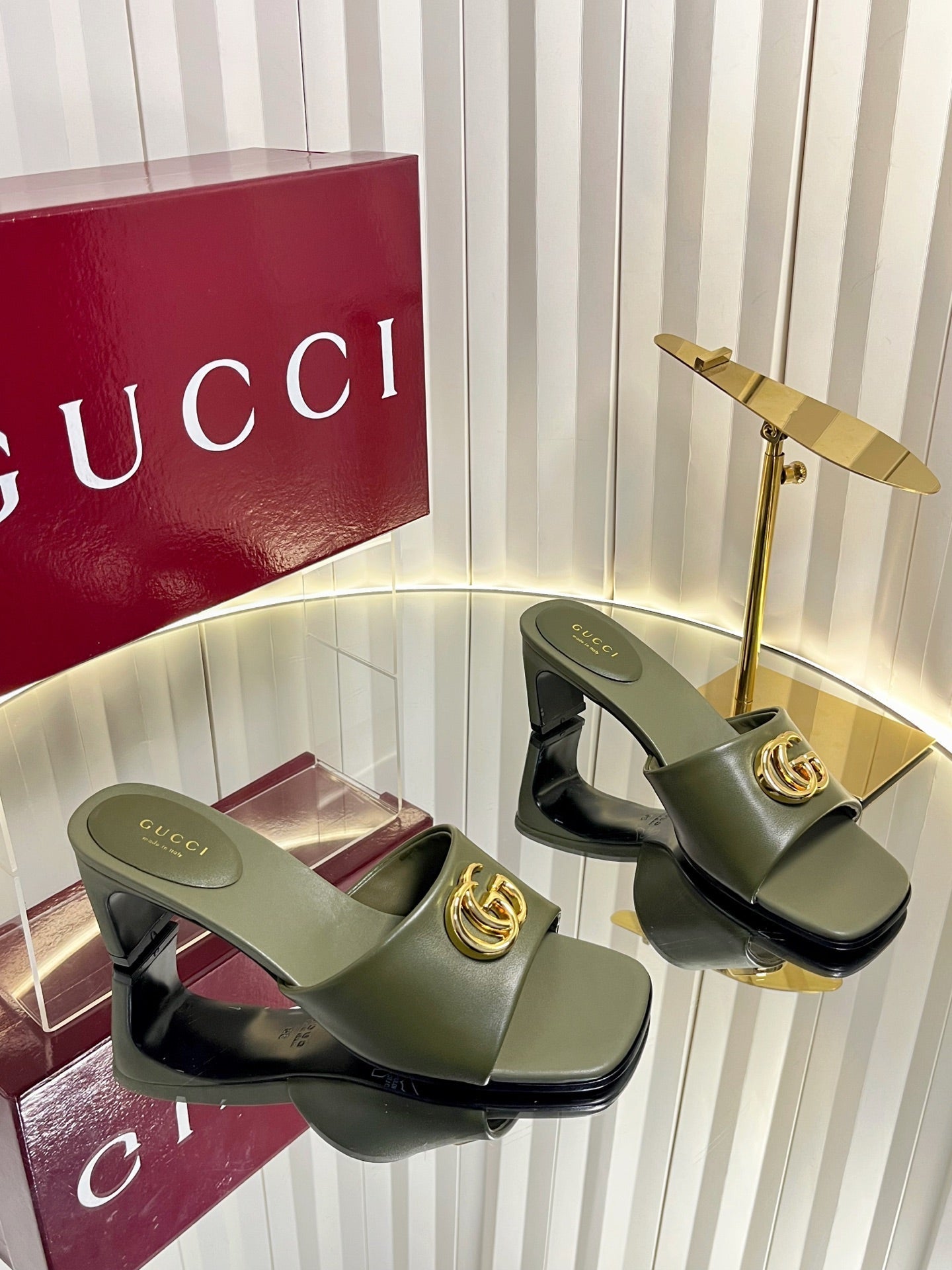 GG 26S Slippers 4.5cm Olive Green Leather 616459