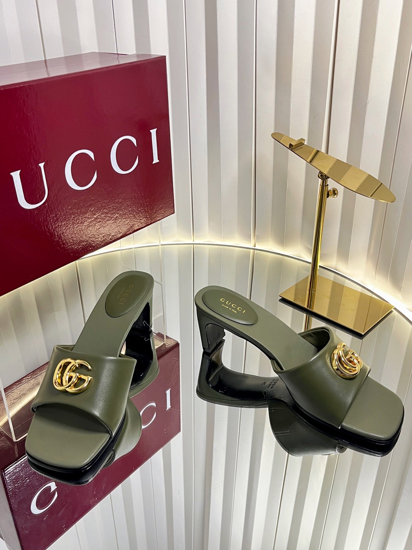 GG 26S Slippers 4.5cm Olive Green Leather 616459