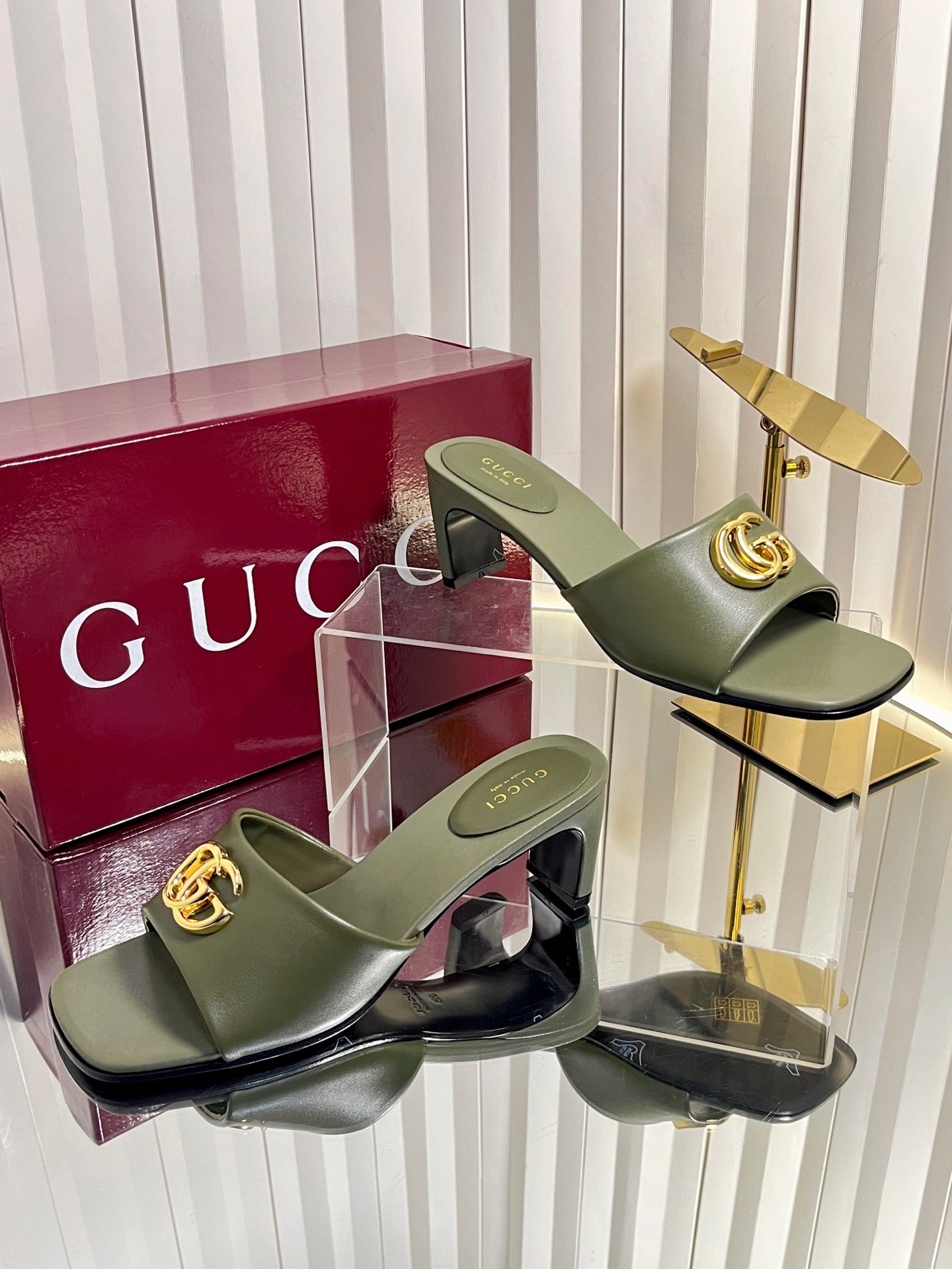 GG 26S Slippers 4.5cm Olive Green Leather 616459