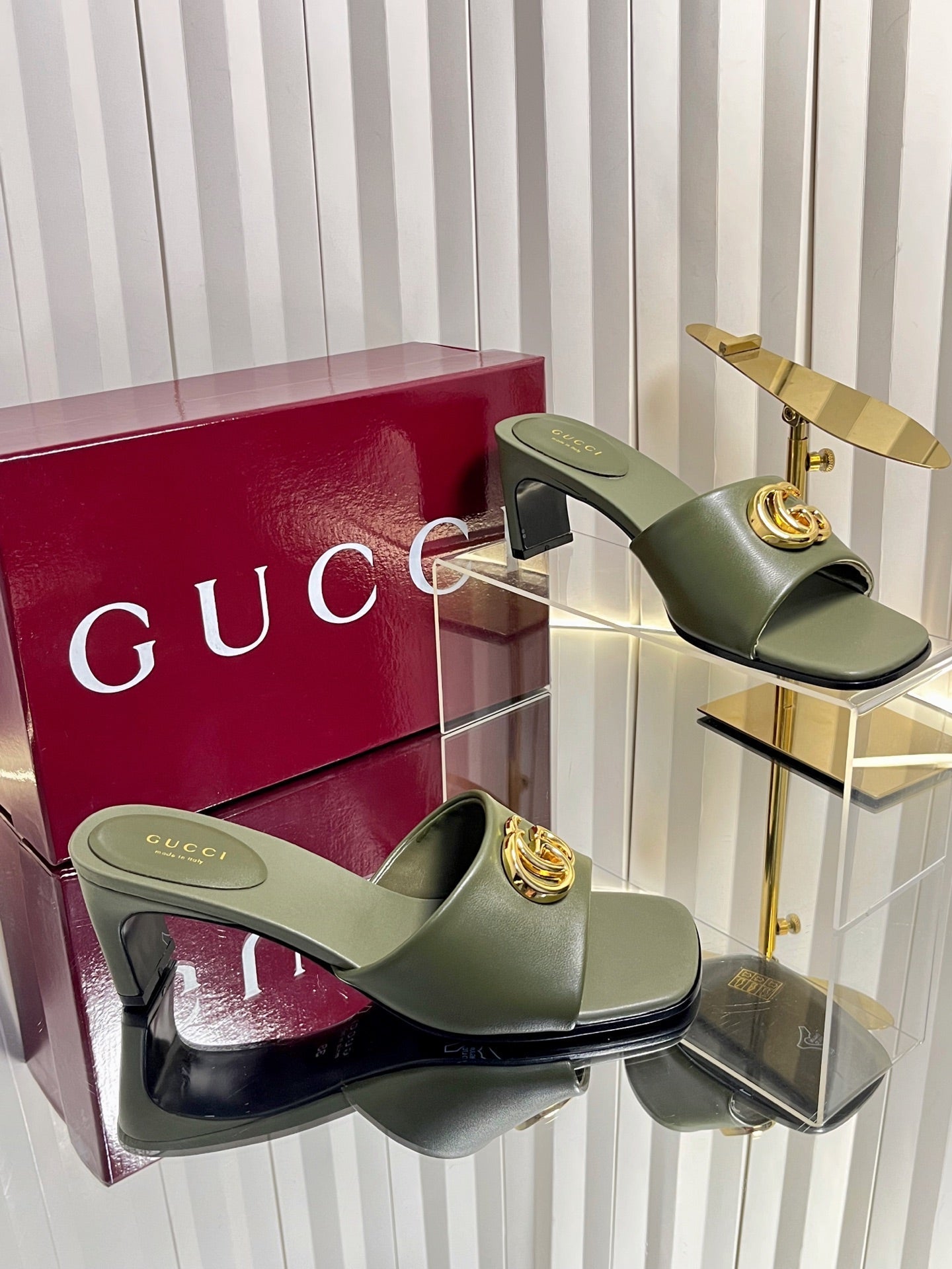 GG 26S Slippers 4.5cm Olive Green Leather 616459