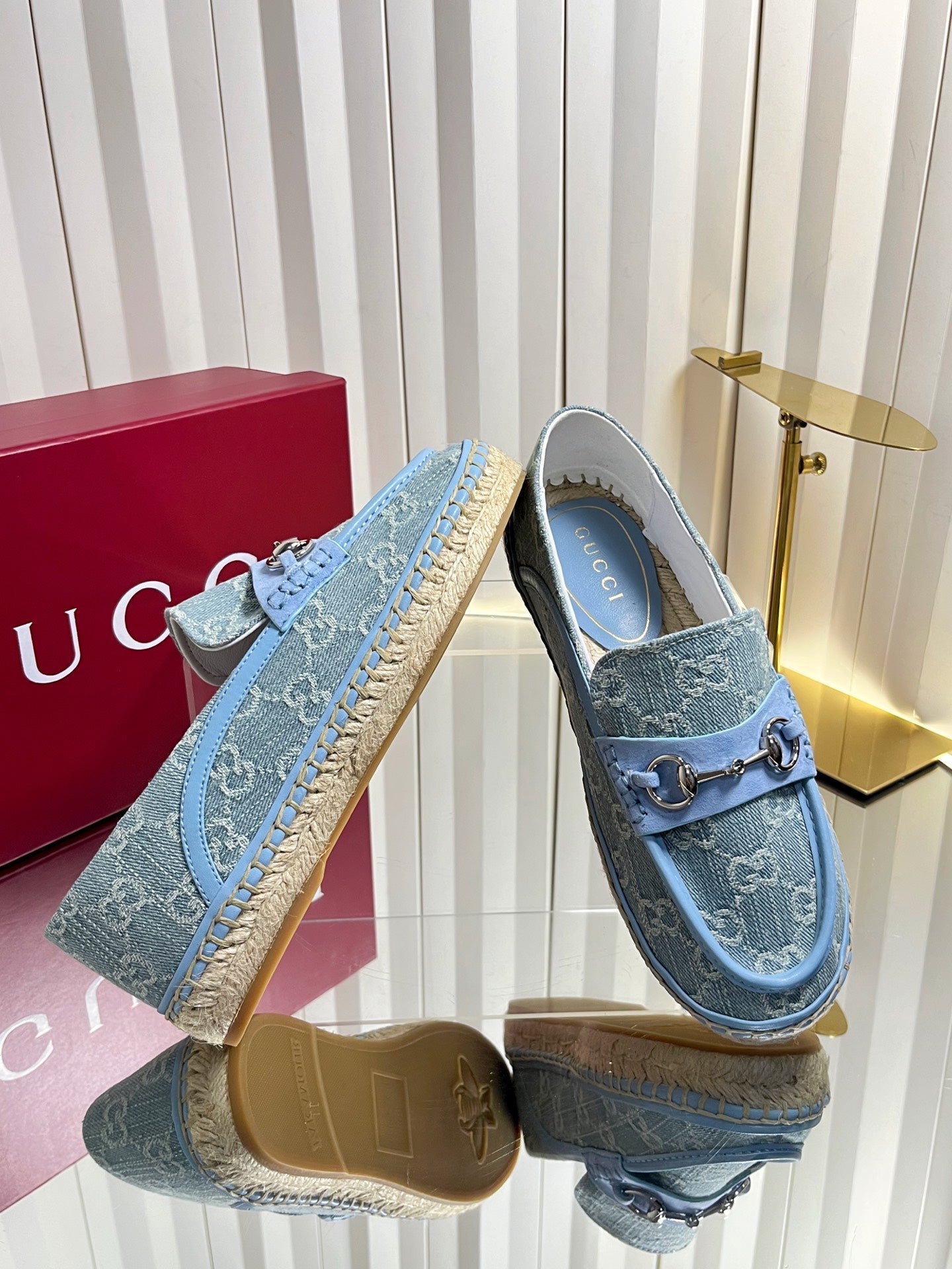 GG 26s Horsebit Espadrilles Flat Light Blue Canvas Suede 768176