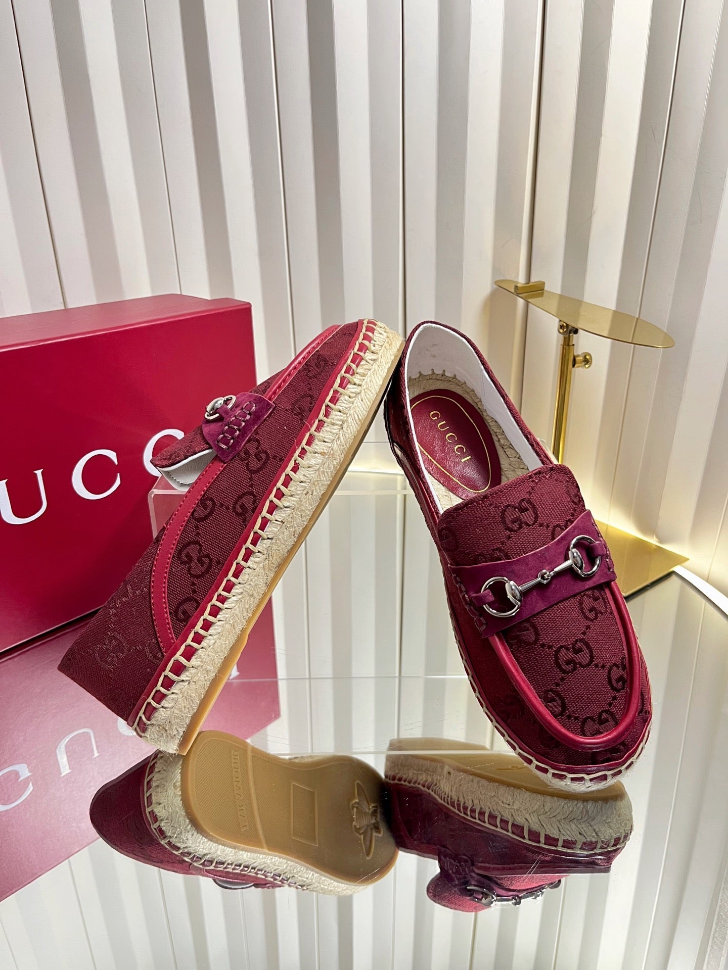 GG 26s Horsebit Espadrilles Flat Burgundy Canvas Suede 768177