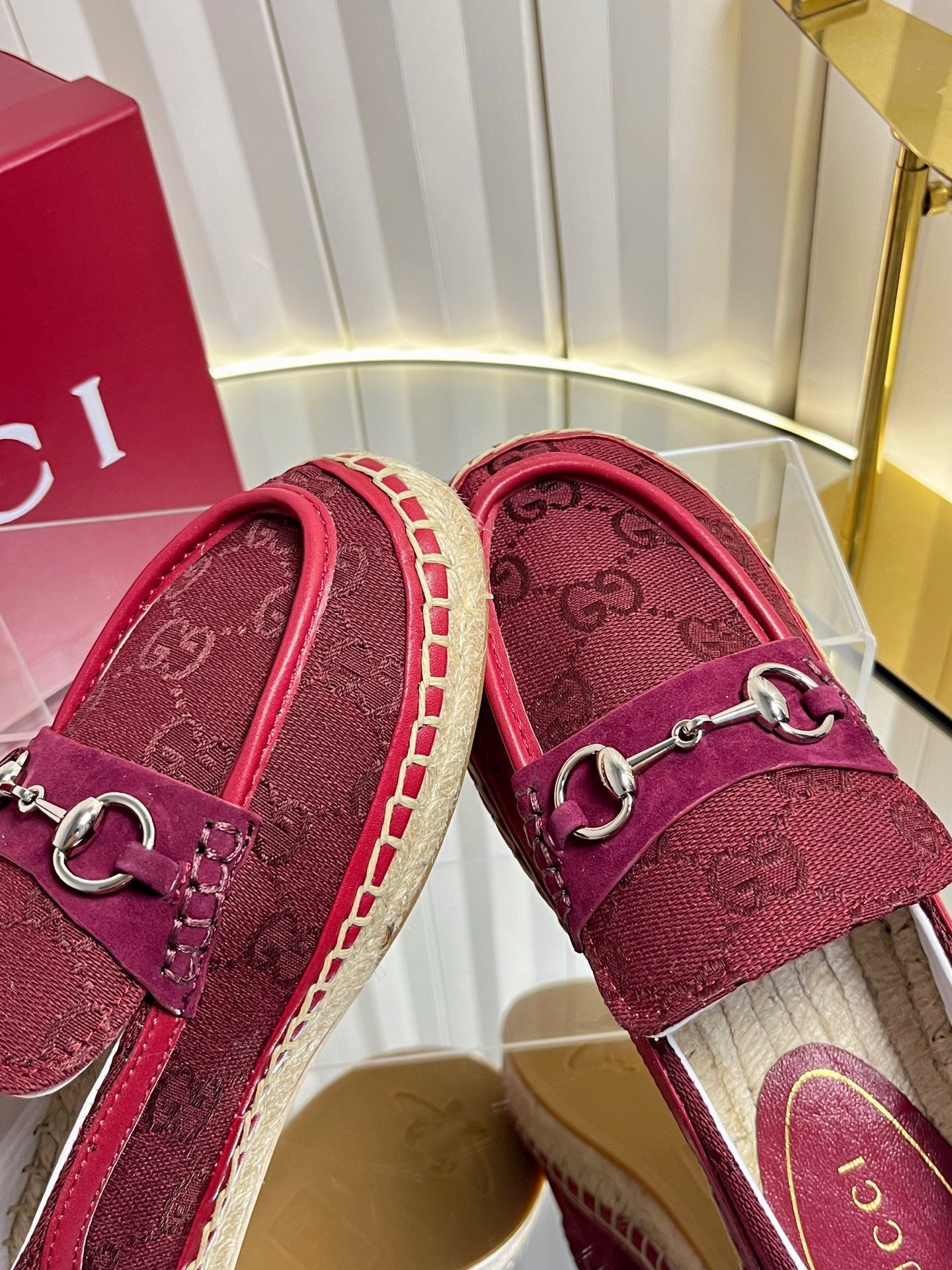 GG 26s Horsebit Espadrilles Flat Burgundy Canvas Suede 768177