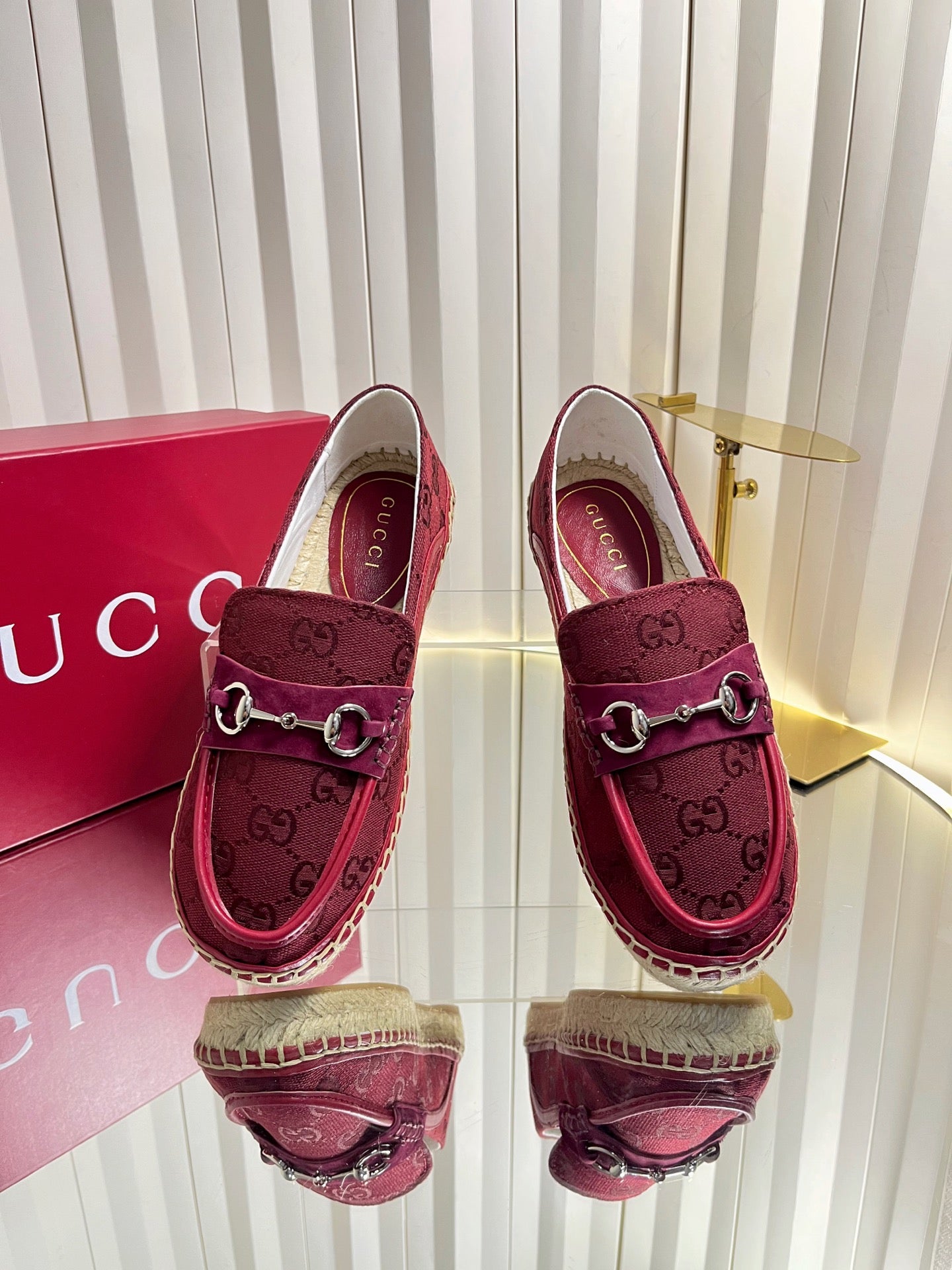 GG 26s Horsebit Espadrilles Flat Burgundy Canvas Suede 768177